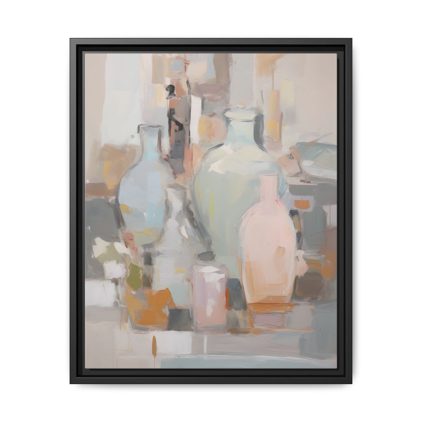Modern Abstract Still Life Wall Art – Colorful Framed Canvas with Blue, Pink & Terracotta Bottles