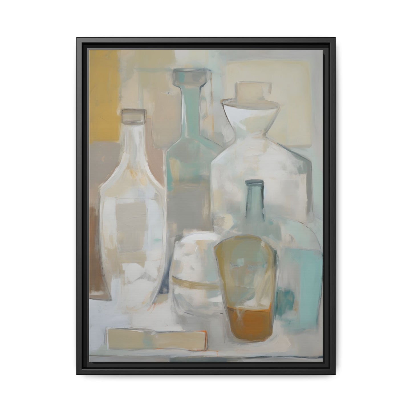 Modern Still Life Wall Art – Neutral Bottles Framed Canvas in Beige, Aqua & Amber with abstract translucent bottles in soft colors