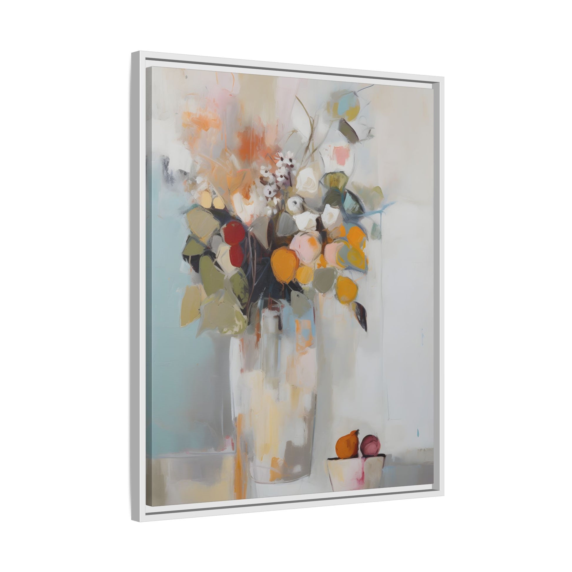 Colorful Floral Still Life Wall Art – Framed Abstract Canvas with Bright Blooms and Fruit Bowl, vibrant bouquet and fruit in vase