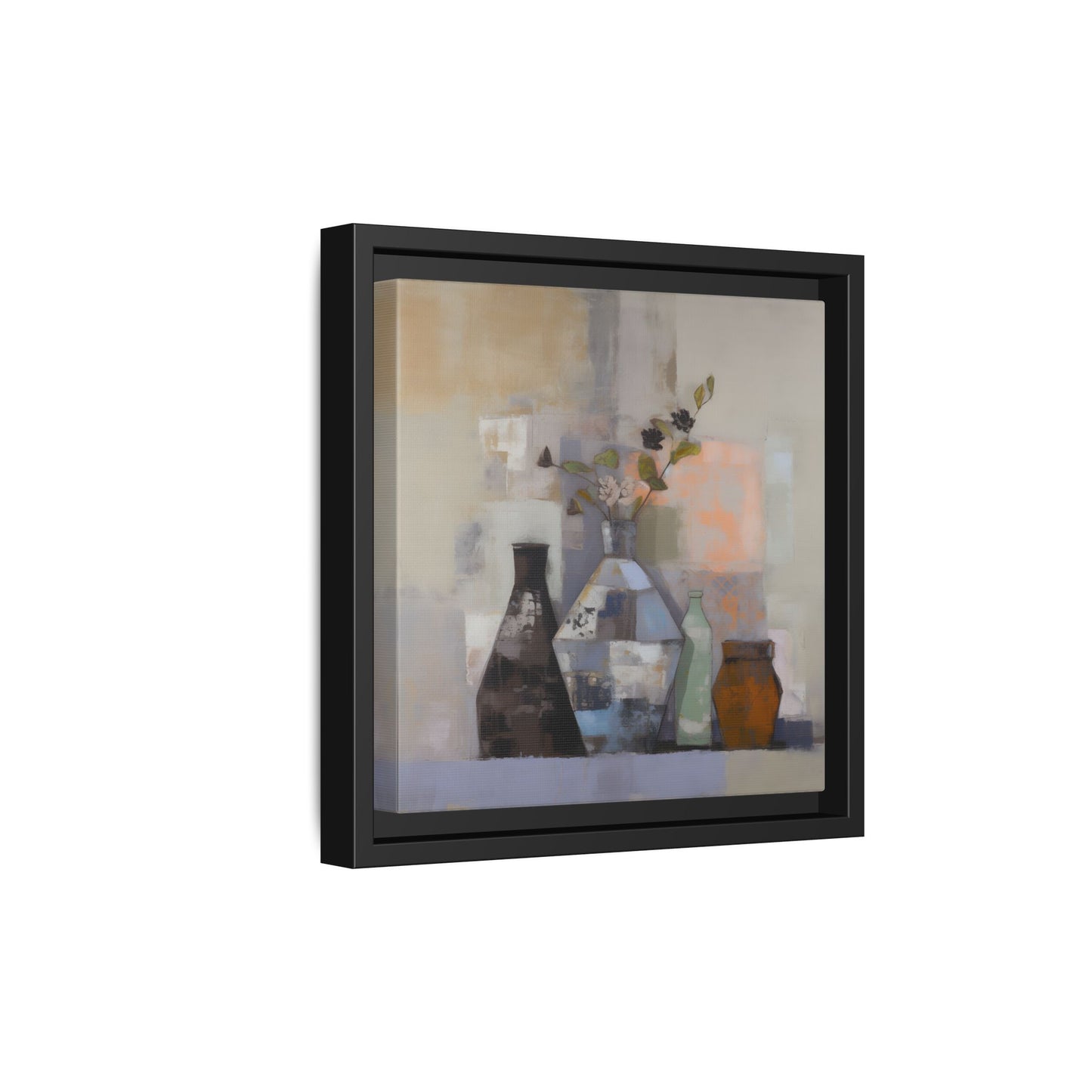 Earthy Bottle Still Life Wall Art – Framed Abstract Canvas with Geometric Vases in Neutral Tones, featuring floral and patchwork design