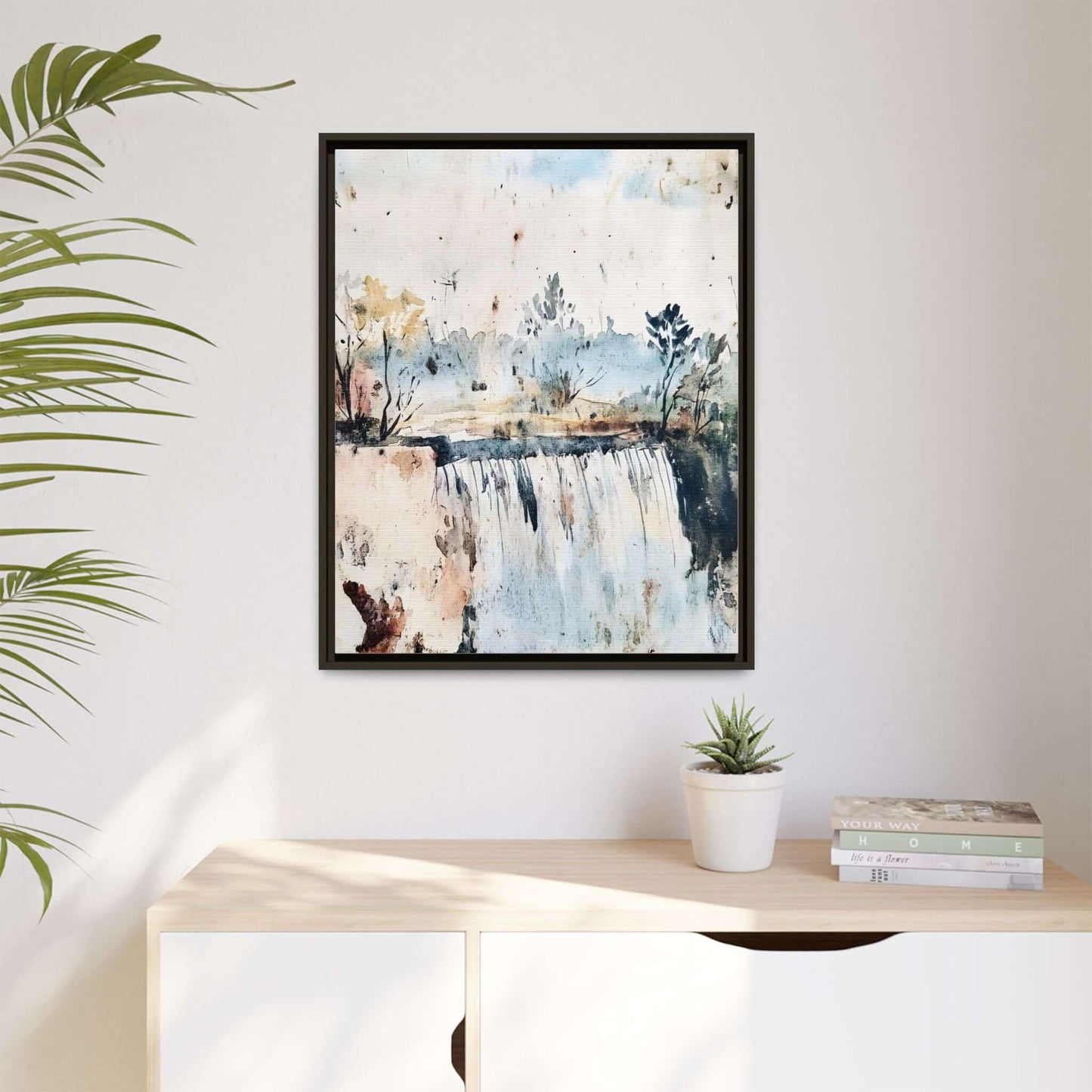 Framed watercolor wall art featuring a serene landscape with trees and waterfall, perfect for home decor.