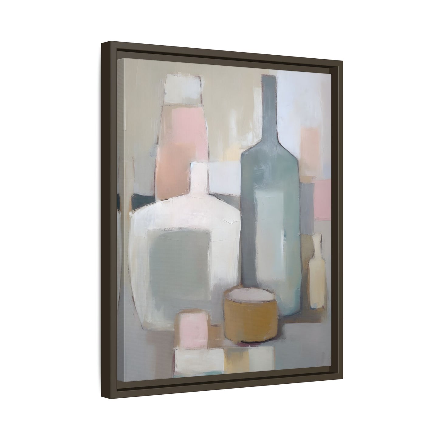 Modern Abstract Bottle Still Life Wall Art – Framed Canvas in Soft Pink, Blue, and Beige with minimalist design and smooth brushwork.