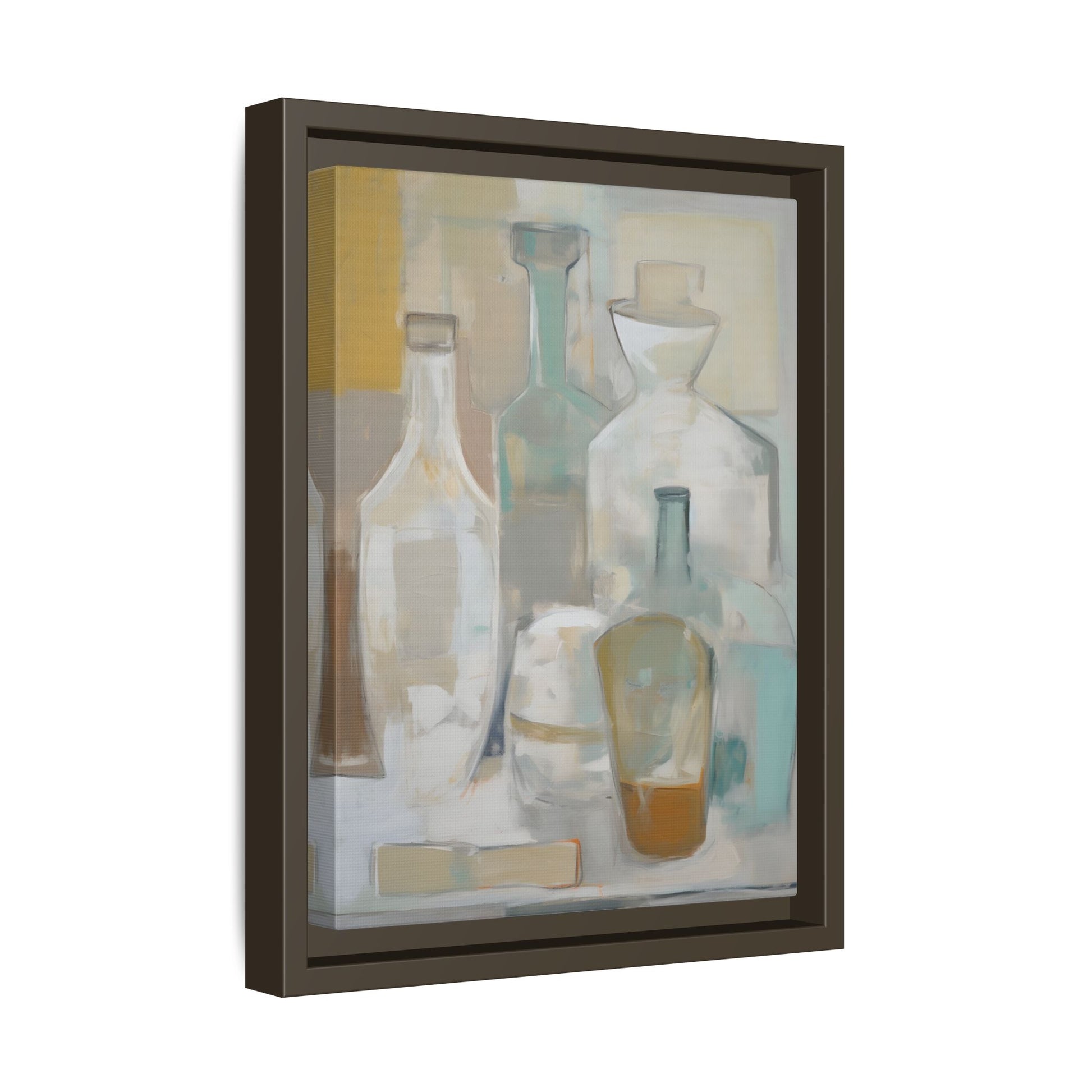 Modern Still Life Wall Art – Neutral Bottles Framed Canvas in Beige, Aqua & Amber