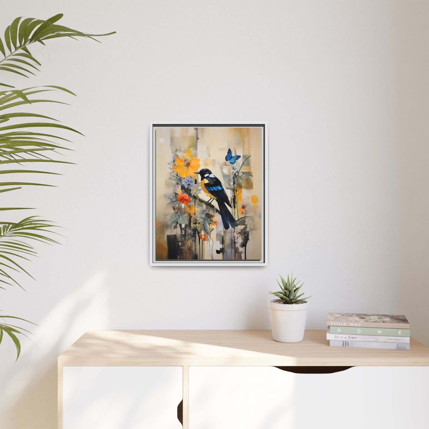 Framed colorful bird and butterfly canvas art for vibrant home decor displayed in a modern living space.