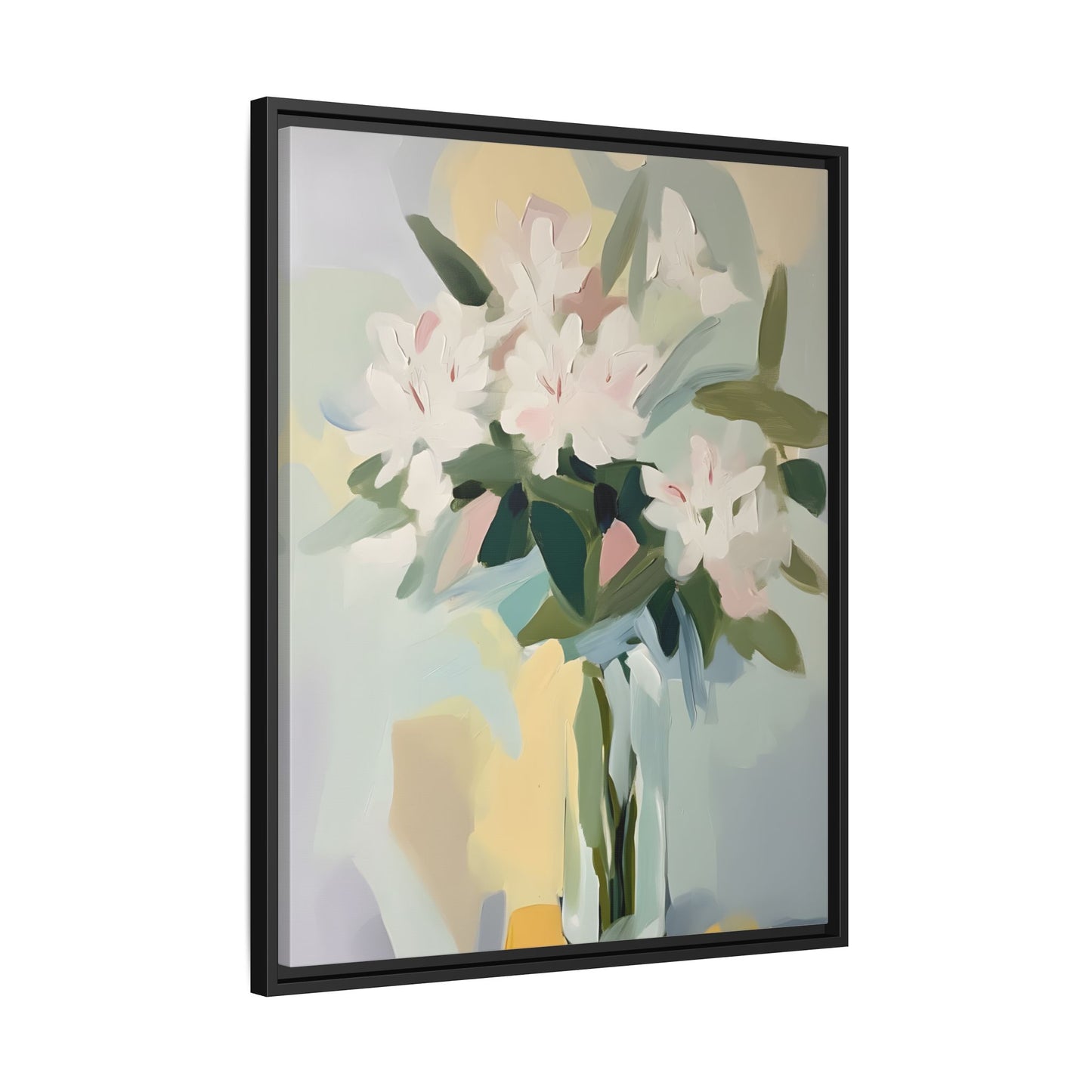 Soft Abstract Floral Wall Art – Framed Modern Canvas with White Flowers in Green Vase, featuring delicate blush details and warm hues.