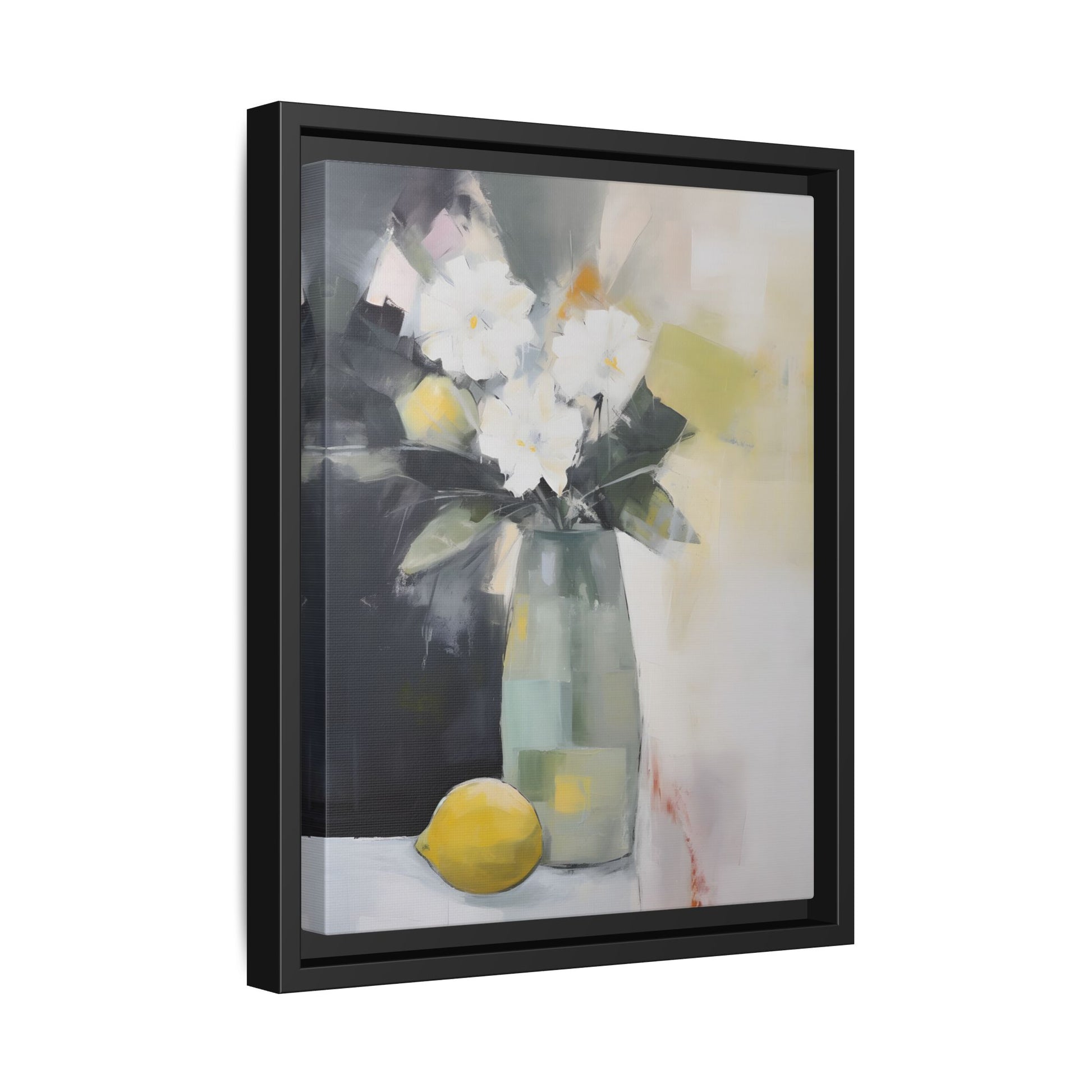 Modern Floral Still Life Wall Art – Framed Canvas with White Flowers and Lemon in Soft Green Vase, ideal decor for kitchens.
