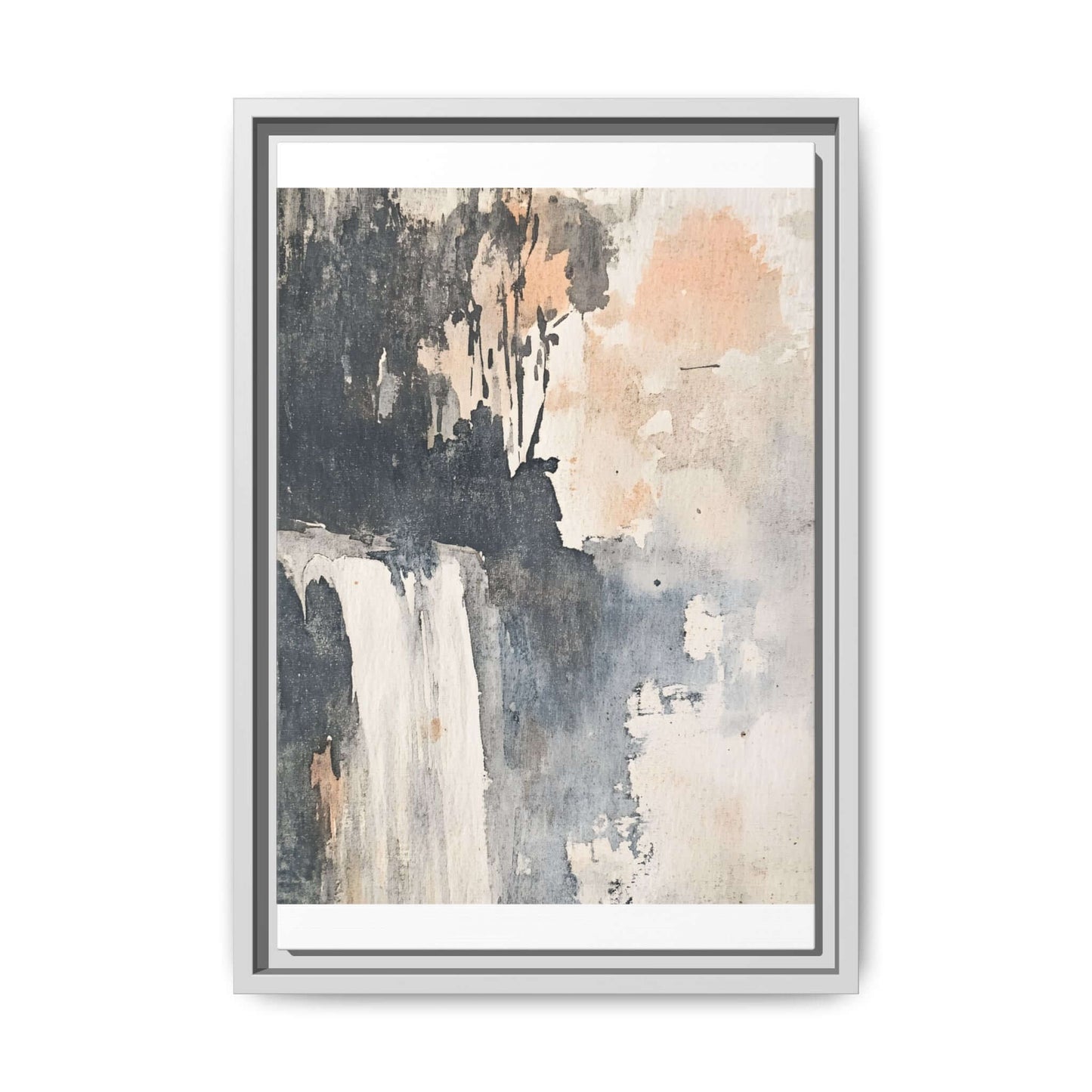 Framed waterfall art print on matte canvas, vertical orientation in 9x12, modern home decor with abstract design, black and beige tones.