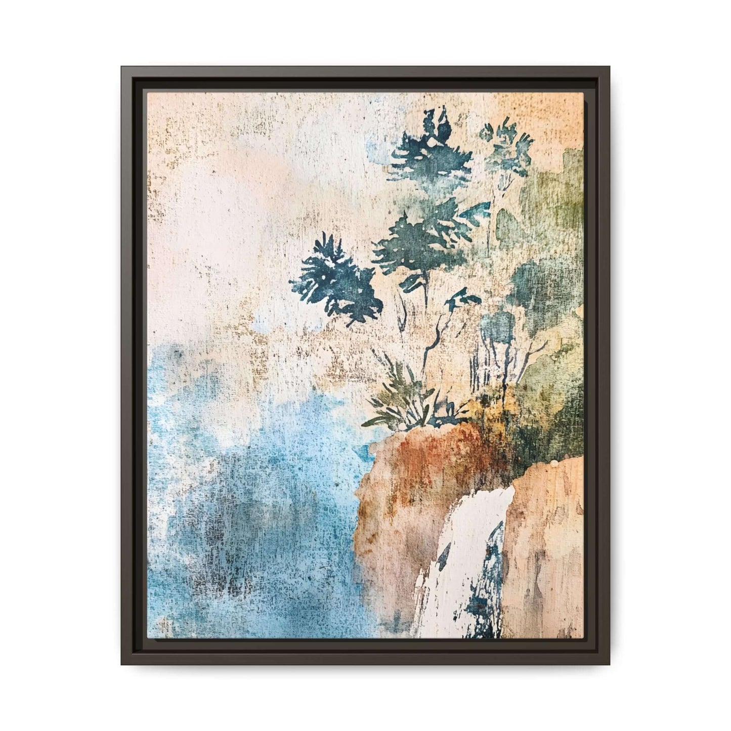 Framed watercolor canvas print of a serene misty forest landscape, perfect for adding tranquility and elegance to any room.