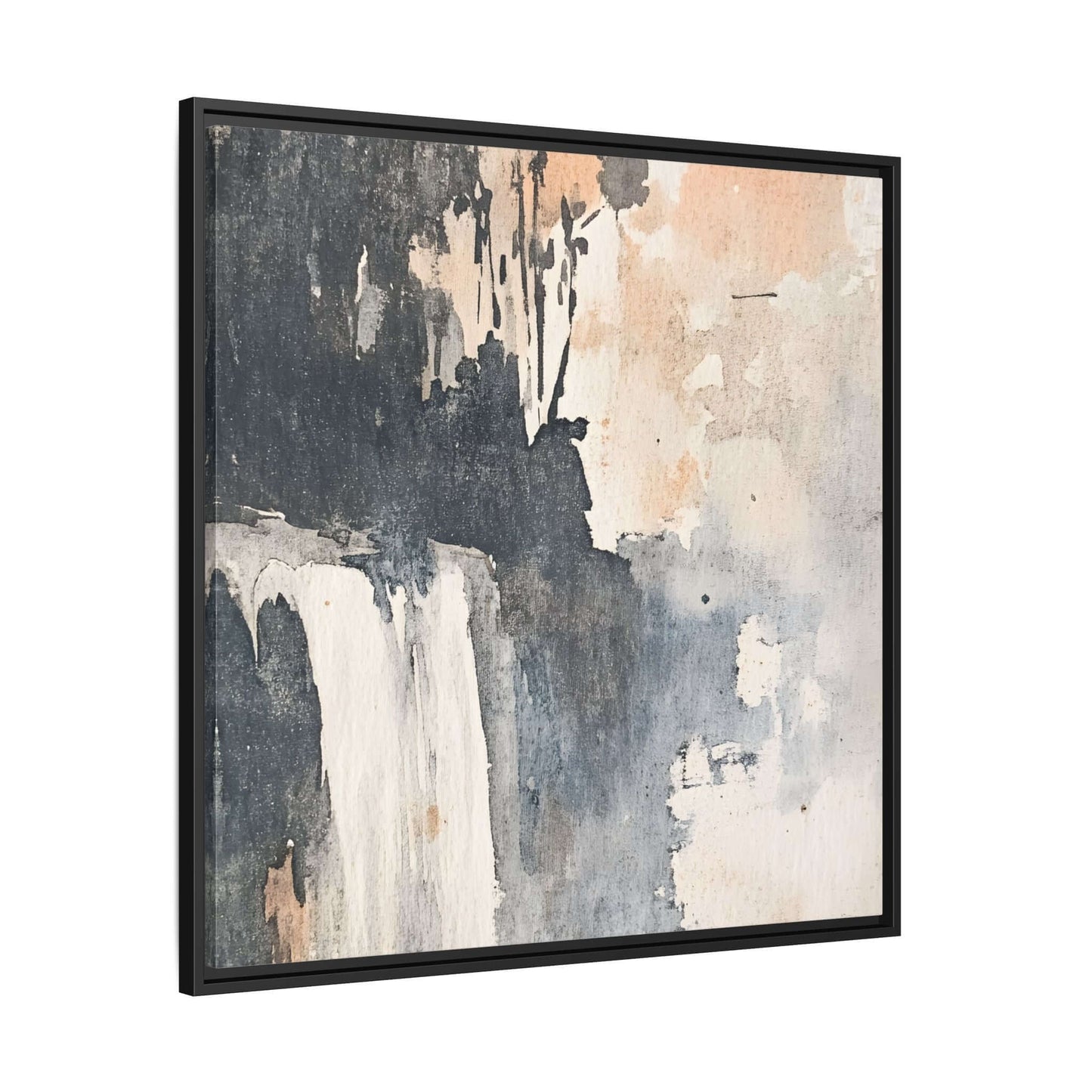 Framed abstract waterfall art print on matte canvas, vertical orientation, home decor piece with earthy tones.