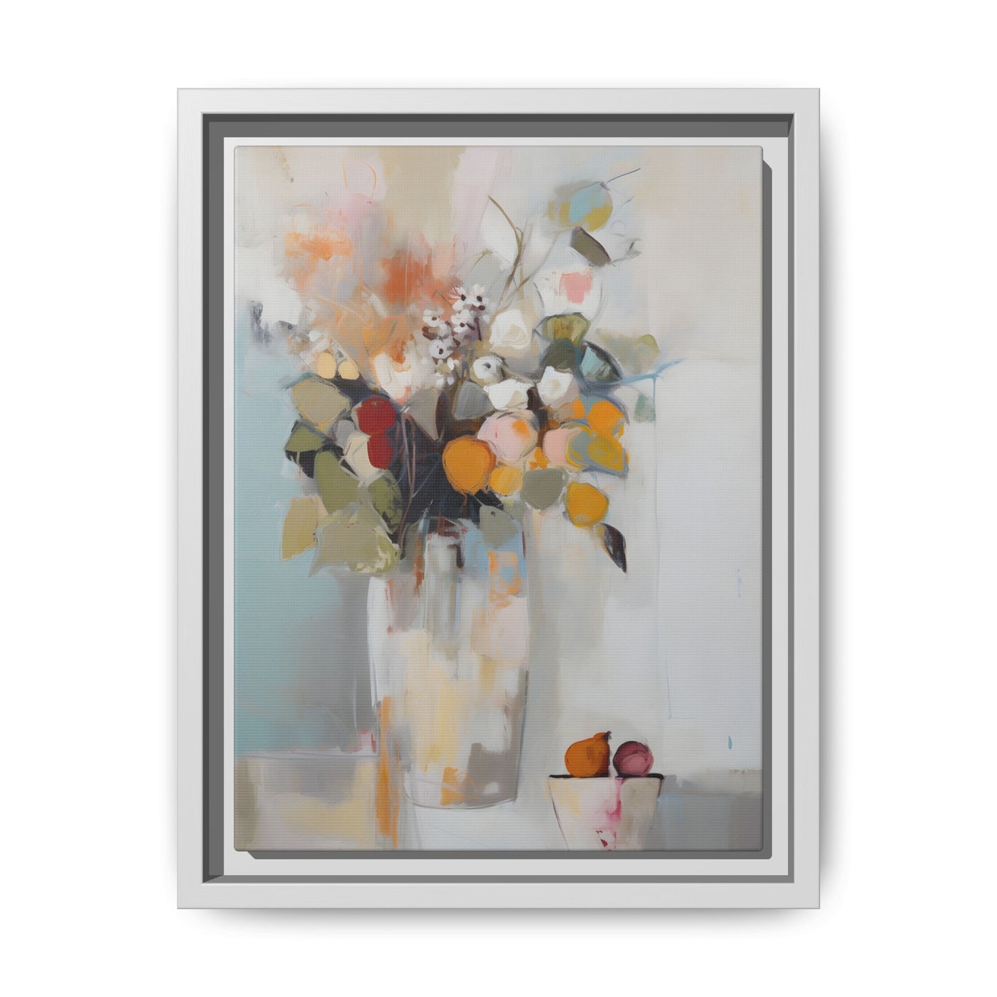 Colorful Floral Still Life Wall Art – Framed Abstract Canvas with Bright Blooms and Fruit Bowl. Vibrant bouquet in vase with fruit.