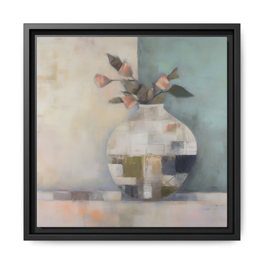 Geometric Floral Still Life Wall Art – Framed Abstract Canvas with Vase and Blush Pink Buds featuring soft tones and minimalistic design.