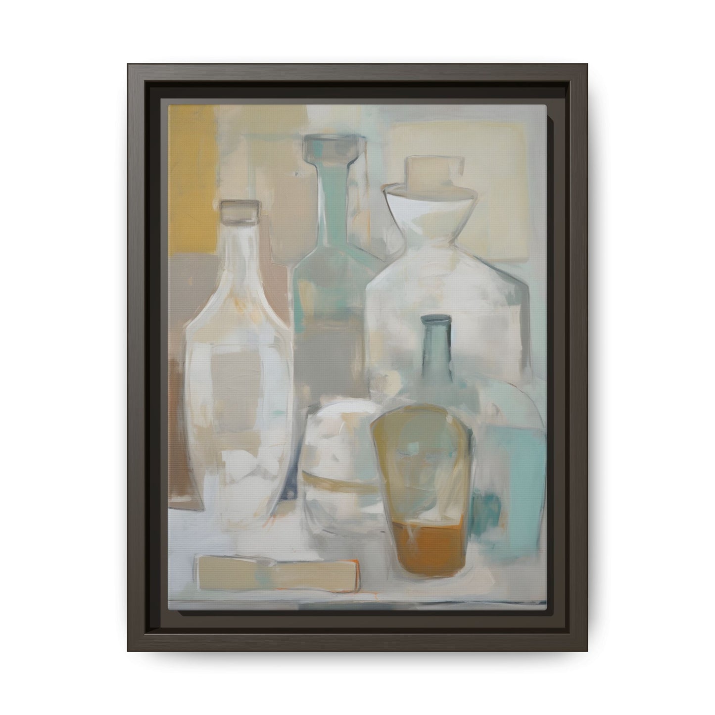Modern Still Life Wall Art – Neutral Bottles Framed Canvas in Beige, Aqua & Amber with translucent bottle design and elegant frame.