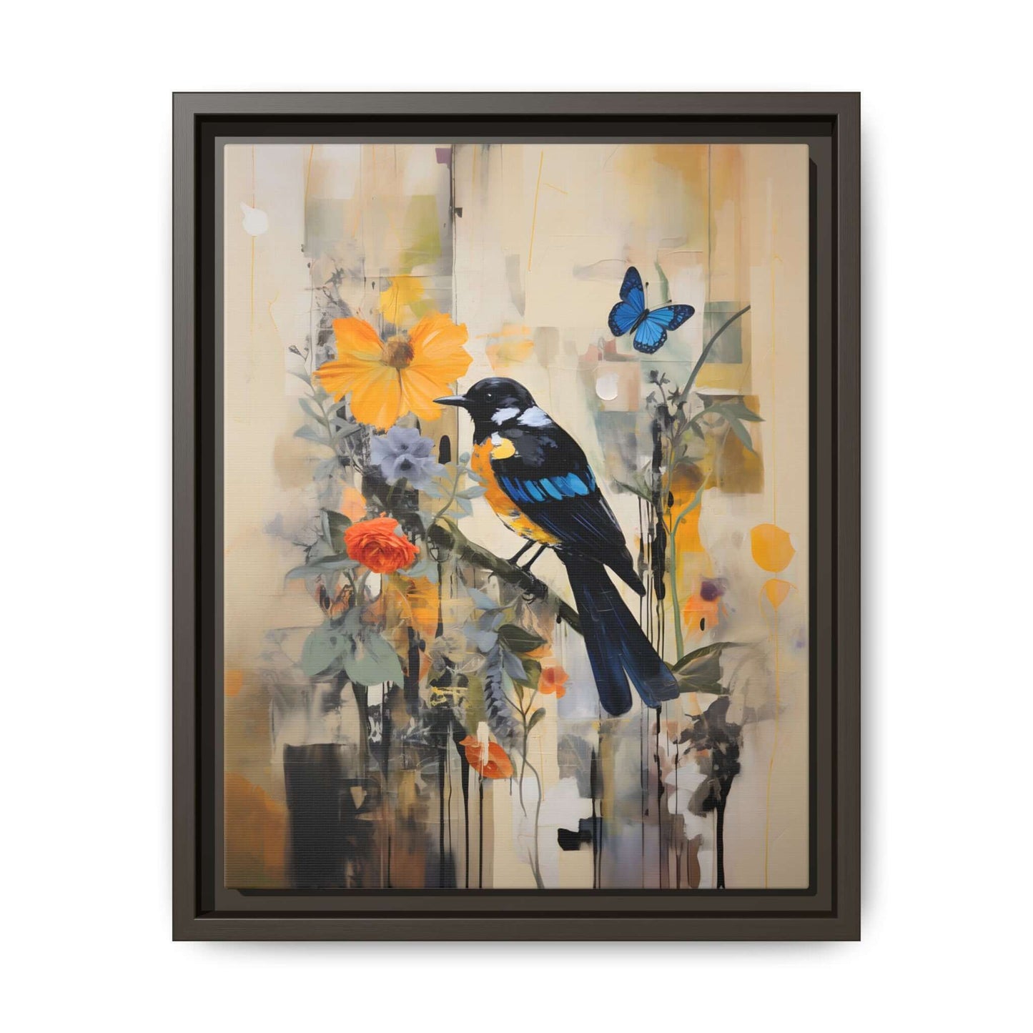 Framed colorful bird and butterfly canvas art for vibrant home decor, showcasing nature-inspired design in bright hues.