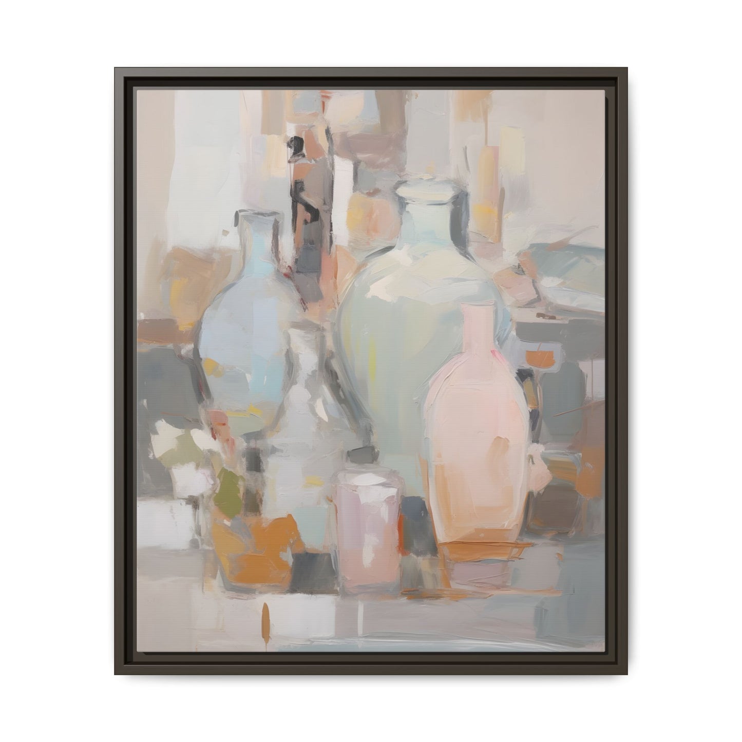 Modern Abstract Still Life Wall Art – Colorful Framed Canvas with Blue, Pink & Terracotta Bottles in a dynamic composition