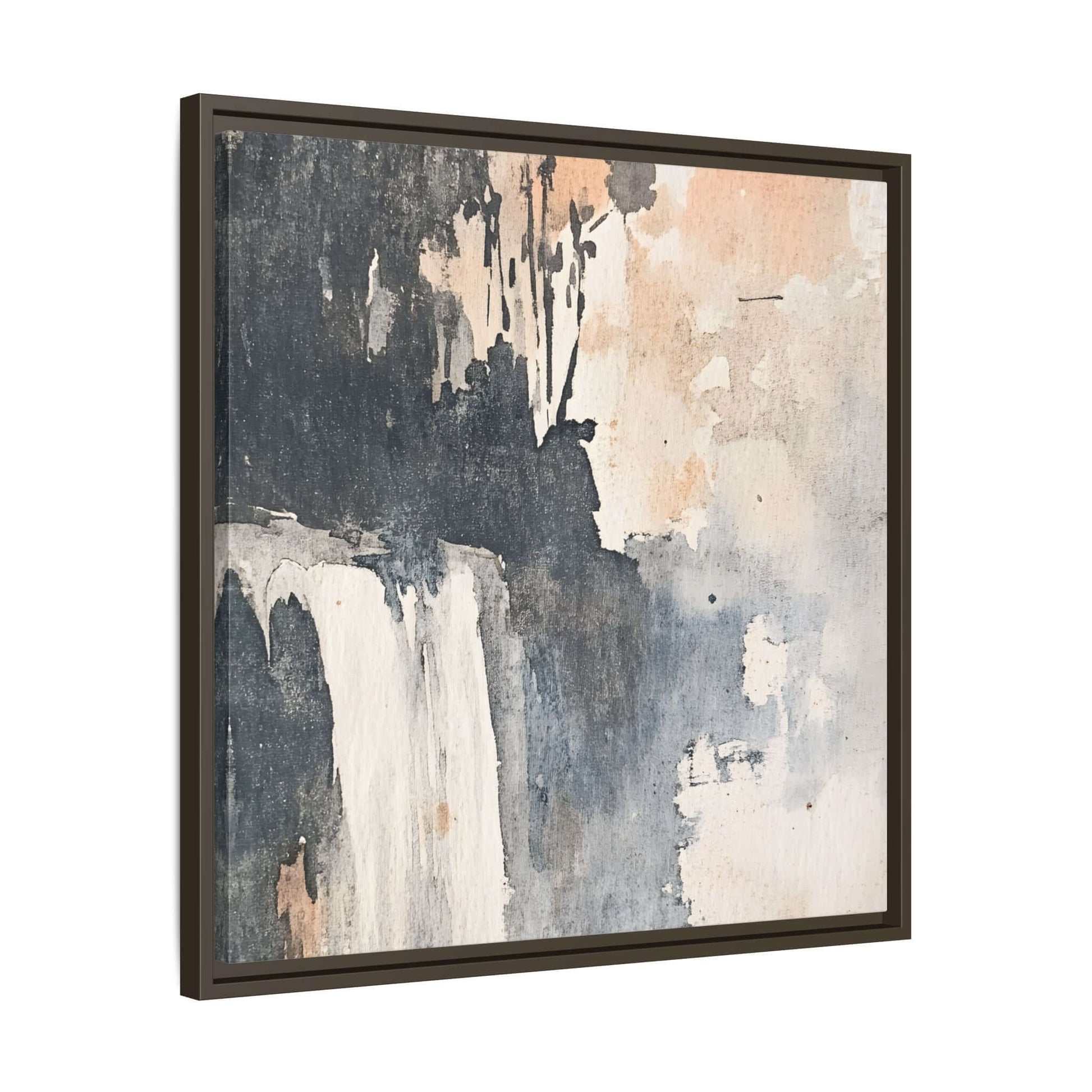 Framed watercolor waterfall art print on matte canvas, black frame, abstract landscape painting for home decor.