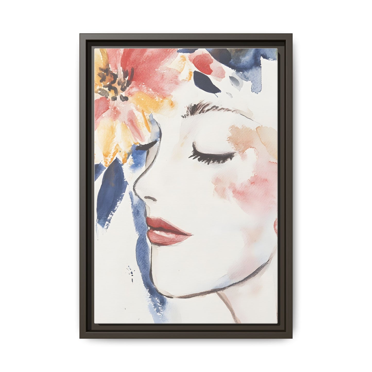 Multi-Color Framed Matte Canvas Art - Floral Face Portrait in black frame, vertical format
