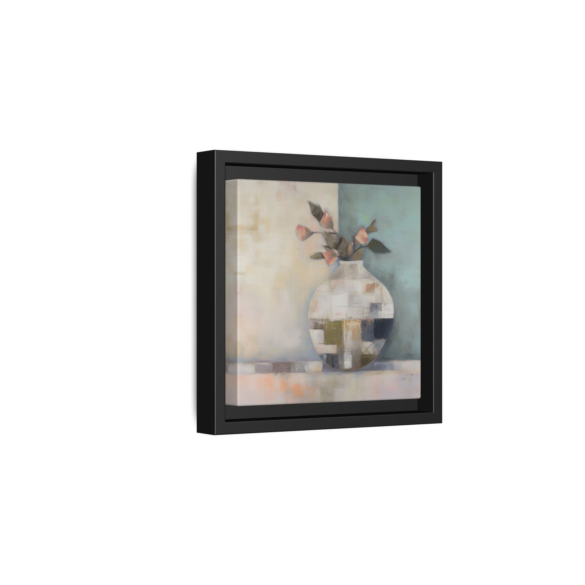 Geometric Floral Still Life Wall Art – Framed Abstract Canvas with Vase and Blush Pink Buds. Minimalist design for serene spaces.