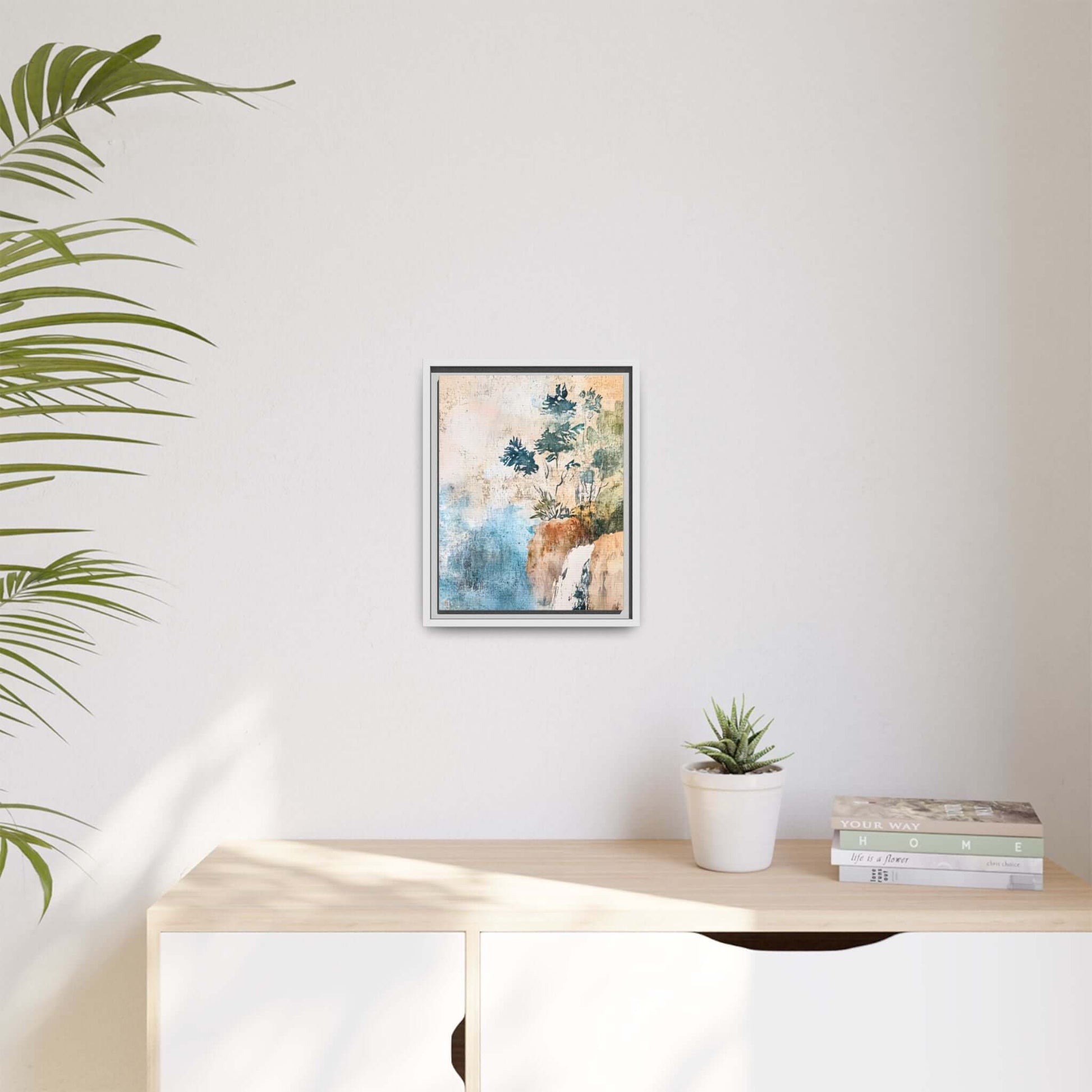 Framed watercolor canvas print of a misty forest landscape on wall, adding a touch of nature and serenity to the room.