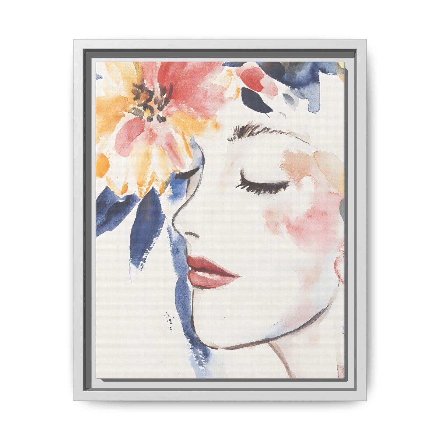 Multi-Color Framed Matte Canvas Art - Floral Face Portrait, vertical canvas in a stylish frame, perfect for home decor and design elegance