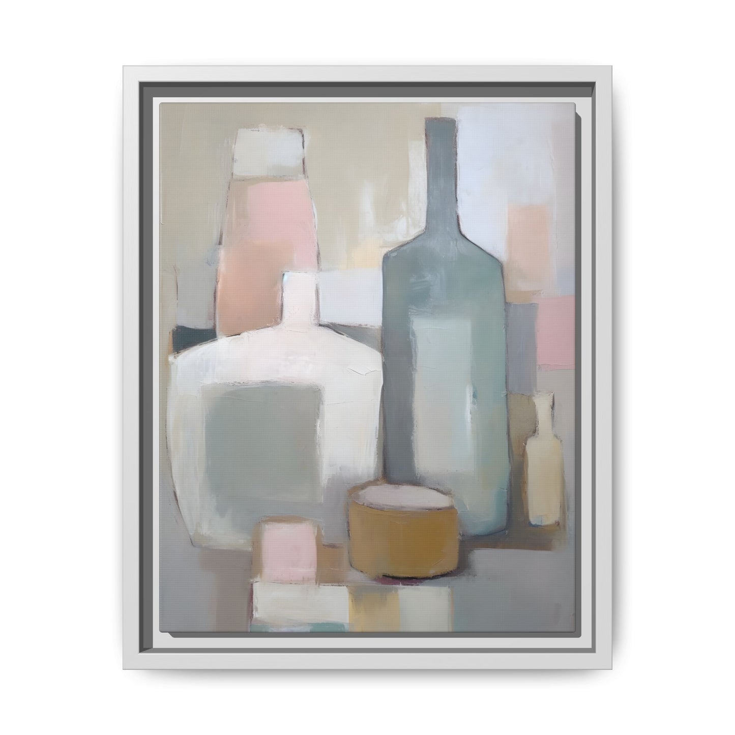 Modern Abstract Bottle Still Life Wall Art – Framed Canvas in Soft Pink, Blue, and Beige featuring minimalist bottle design