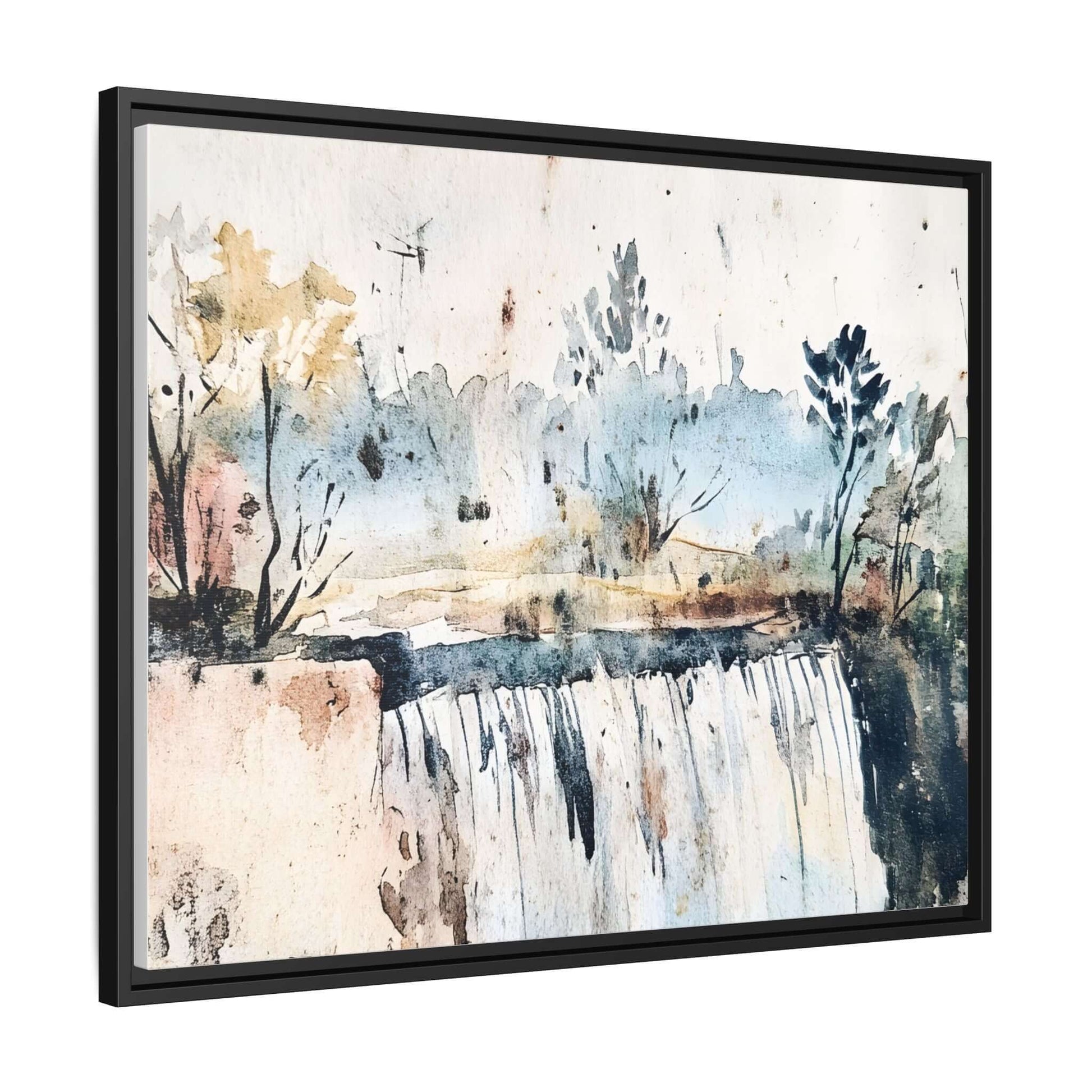 Framed watercolor wall art featuring a serene landscape with a cascading waterfall and trees, in a calming color palette.