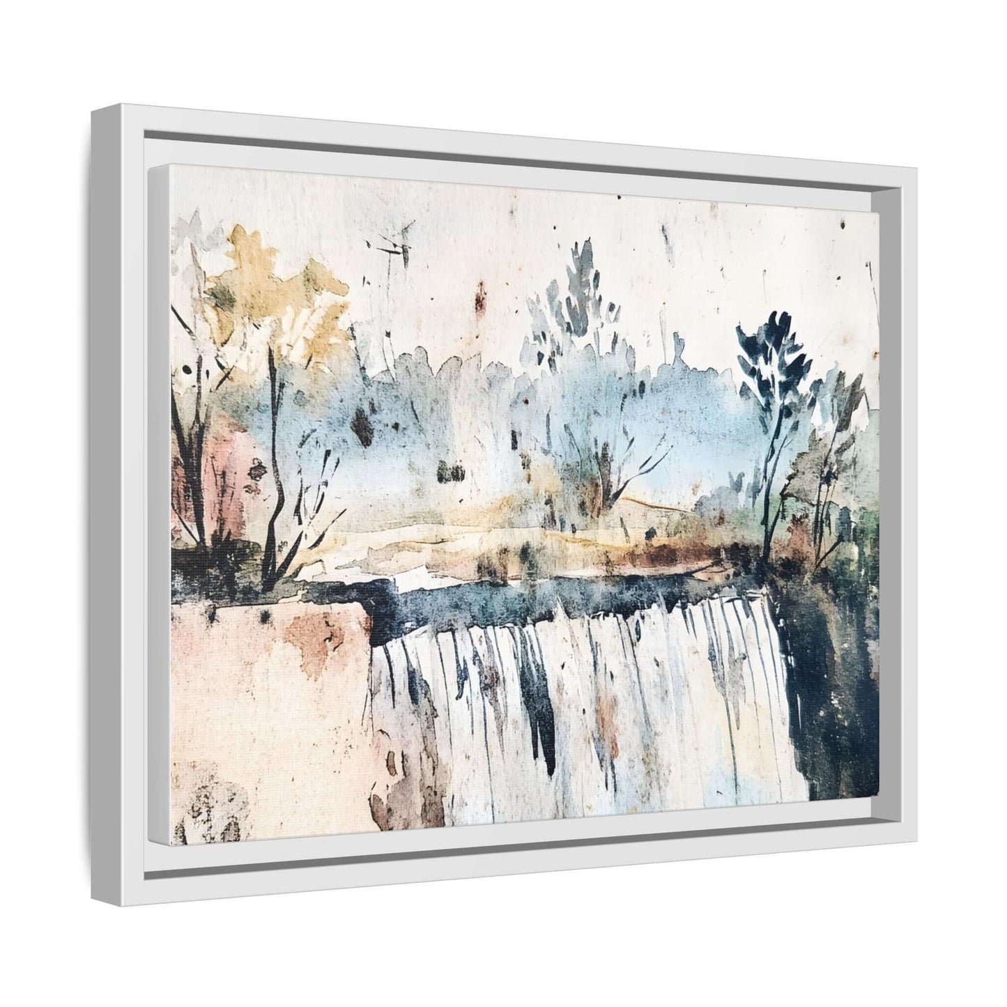Framed watercolor art featuring a serene landscape with trees and waterfall, perfect for home decor. Horizontal orientation.