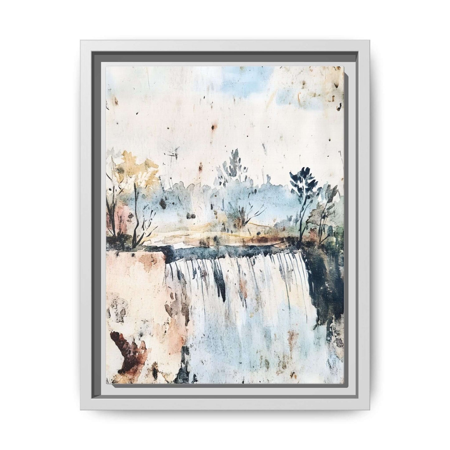 Framed watercolor wall art featuring a serene landscape with trees and waterfall, perfect for home decor; available in various sizes.