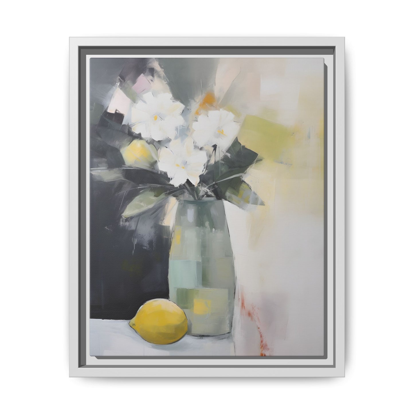 Modern Floral Still Life Wall Art – Framed Canvas with White Flowers and Lemon in Soft Green Vase on muted background.