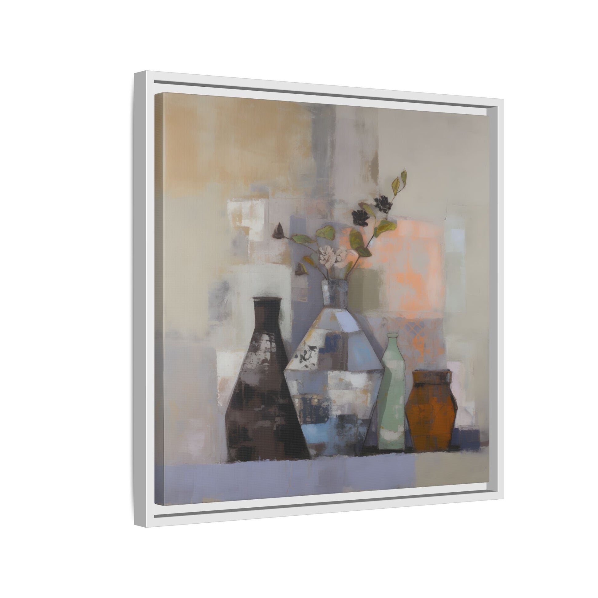Earthy Bottle Still Life Wall Art – Framed Abstract Canvas with Geometric Vases in Neutral Tones, patchwork brushstrokes, floral sprigs