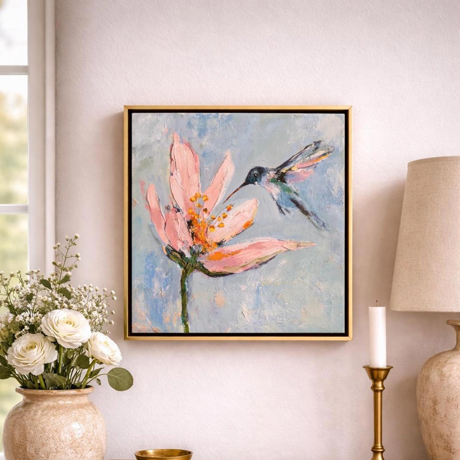 A painting of a hummingbird and a flowers