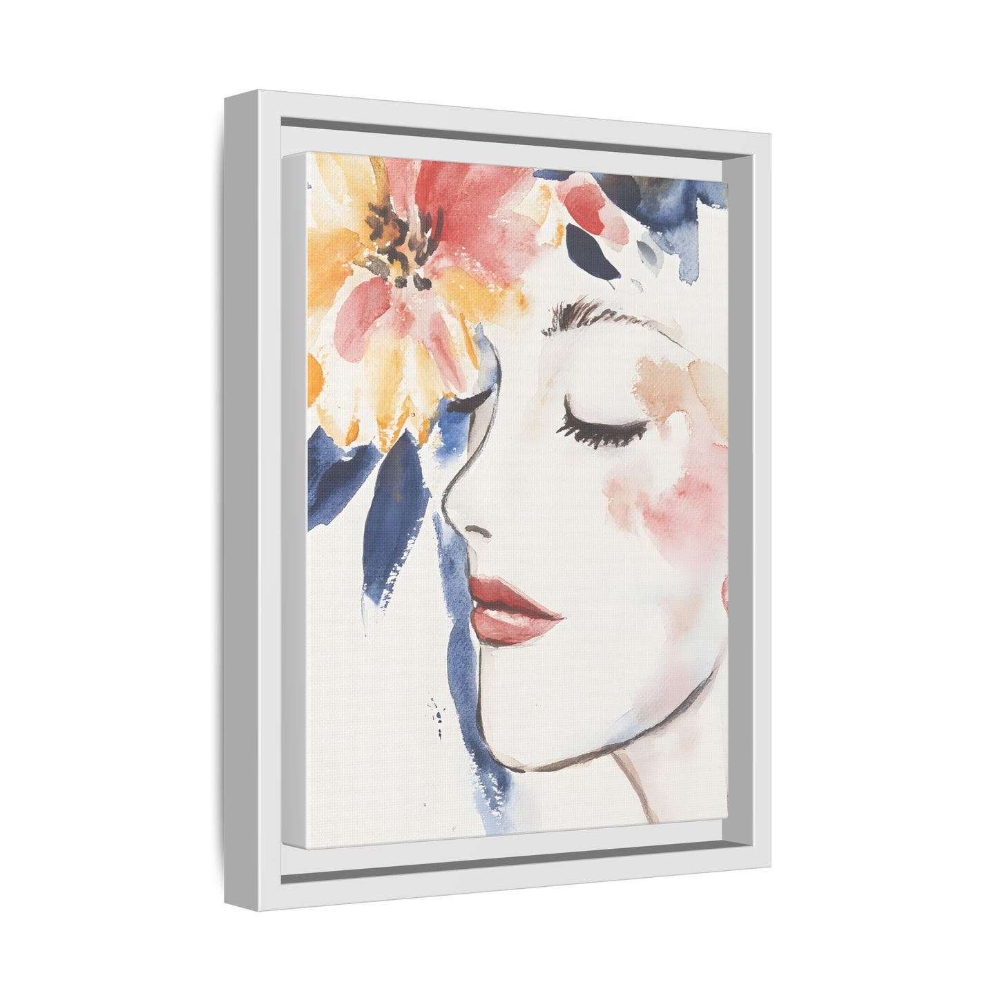 Multi-Color Framed Matte Canvas Art - Floral Face Portrait with vibrant flower design in white frame, perfect for home decor.