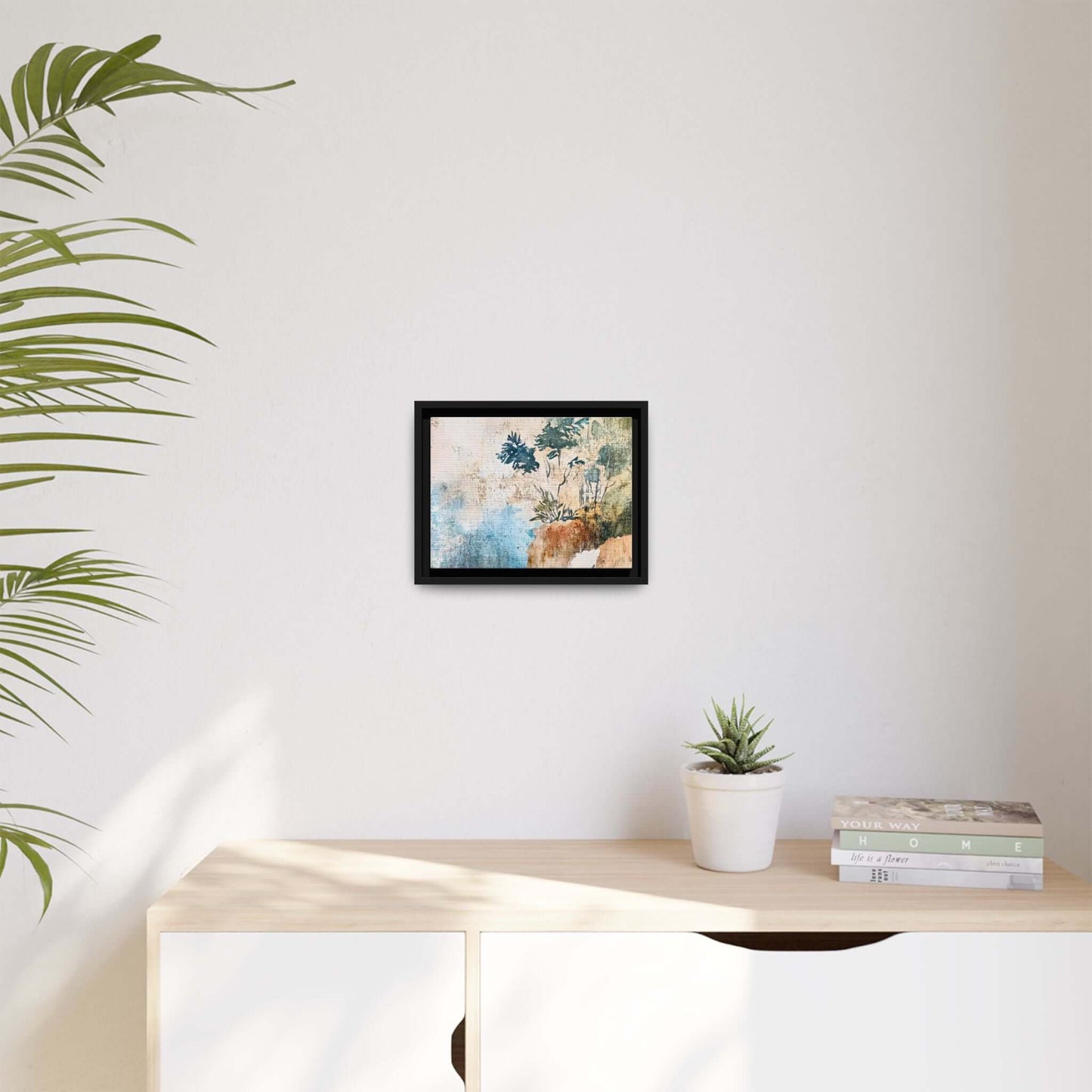 Misty Forest Landscape Framed Watercolor Canvas Print on a minimalist shelf, adding elegance and calm to home decor.