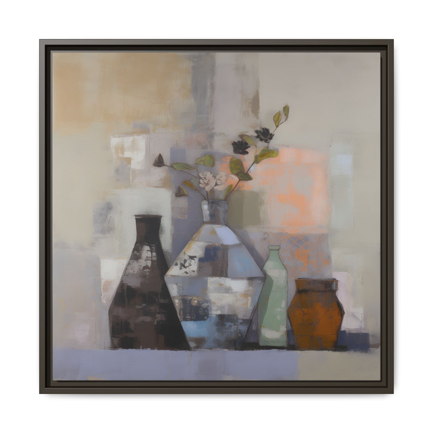 Earthy Bottle Still Life Wall Art – Framed Abstract Canvas with Geometric Vases in Neutral Tones featuring brown and terracotta shades
