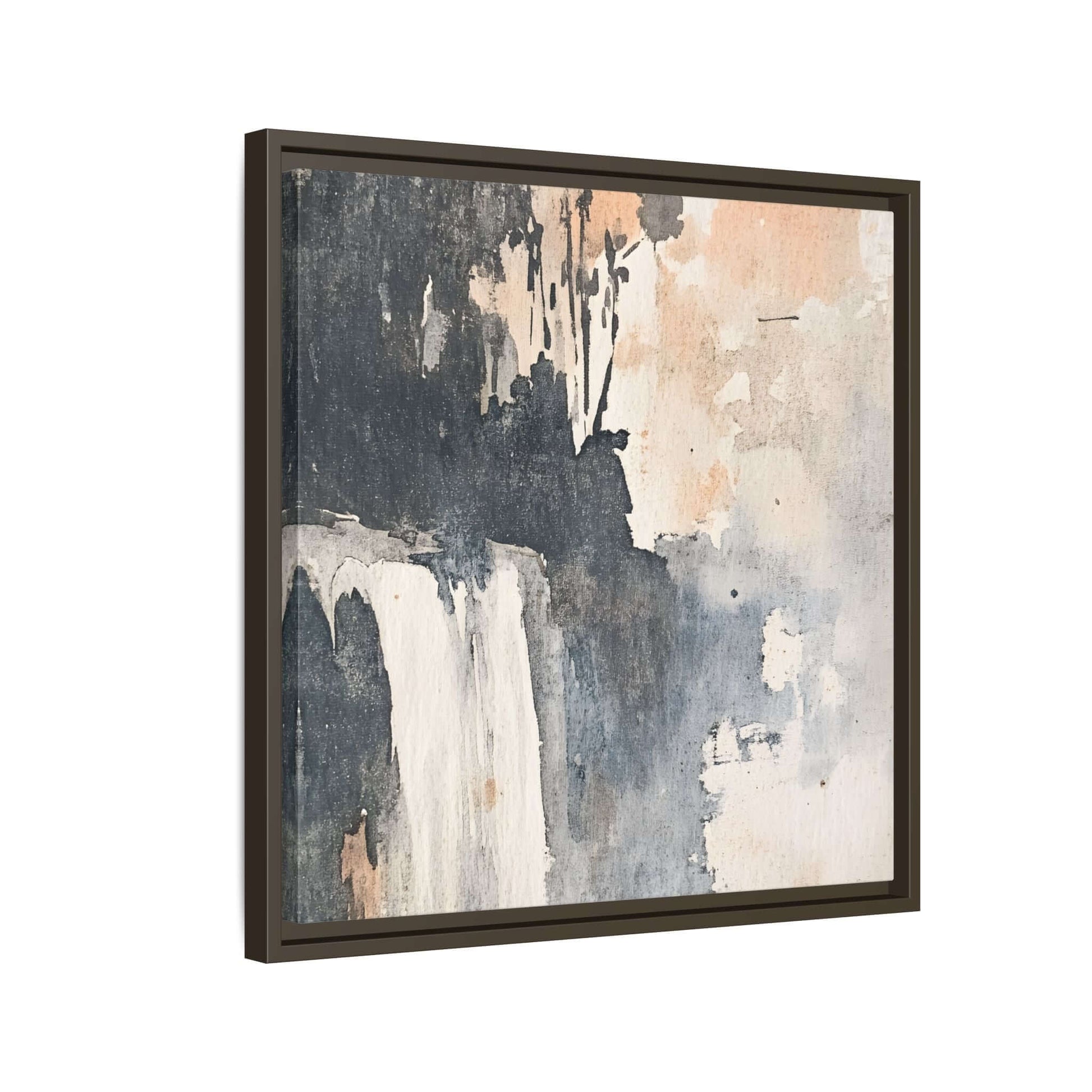 Framed abstract waterfall art print on matte canvas, perfect for home decor; available in various sizes, vertical and square orientations.