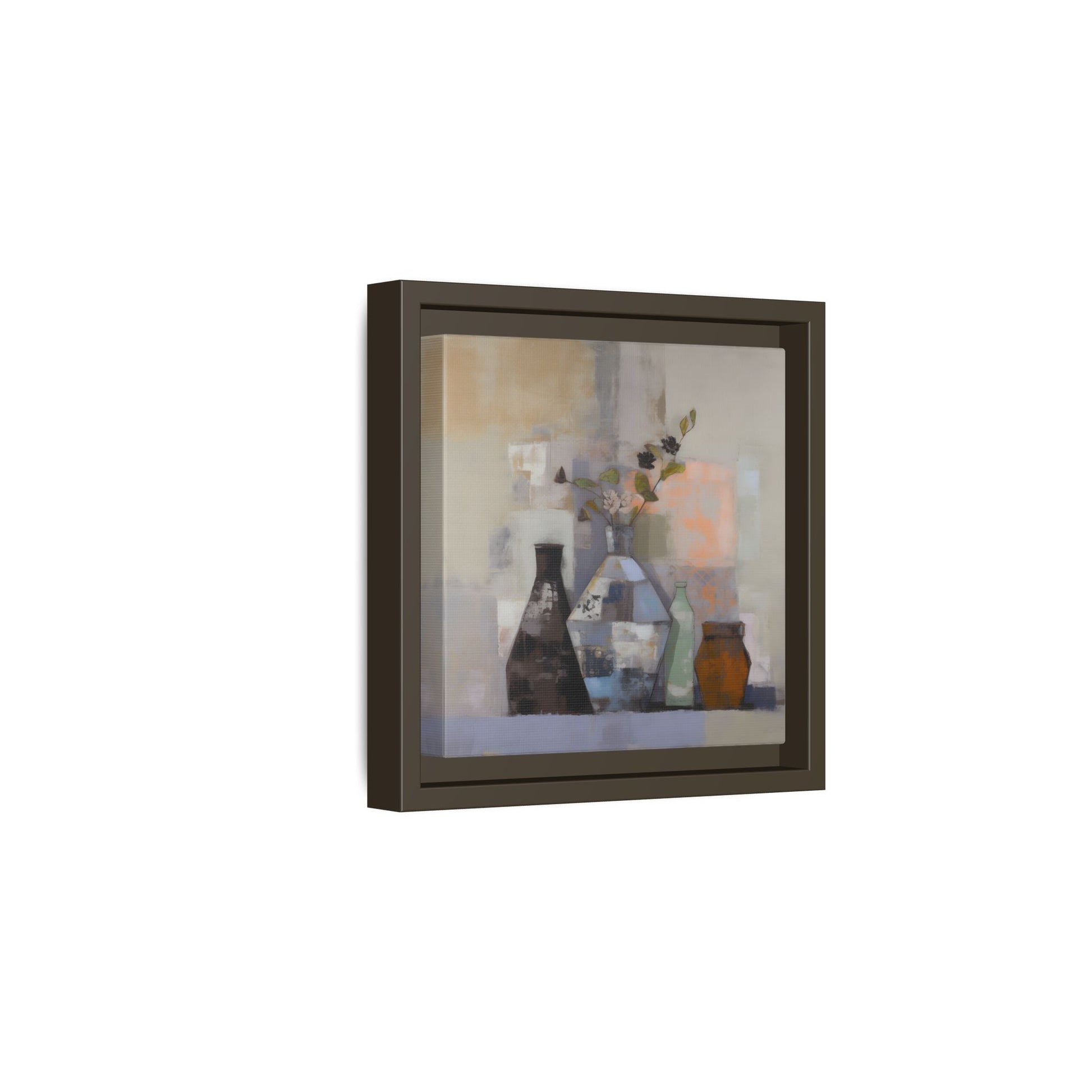 Earthy Bottle Still Life Wall Art – Framed Abstract Canvas with Geometric Vases in Neutral Tones