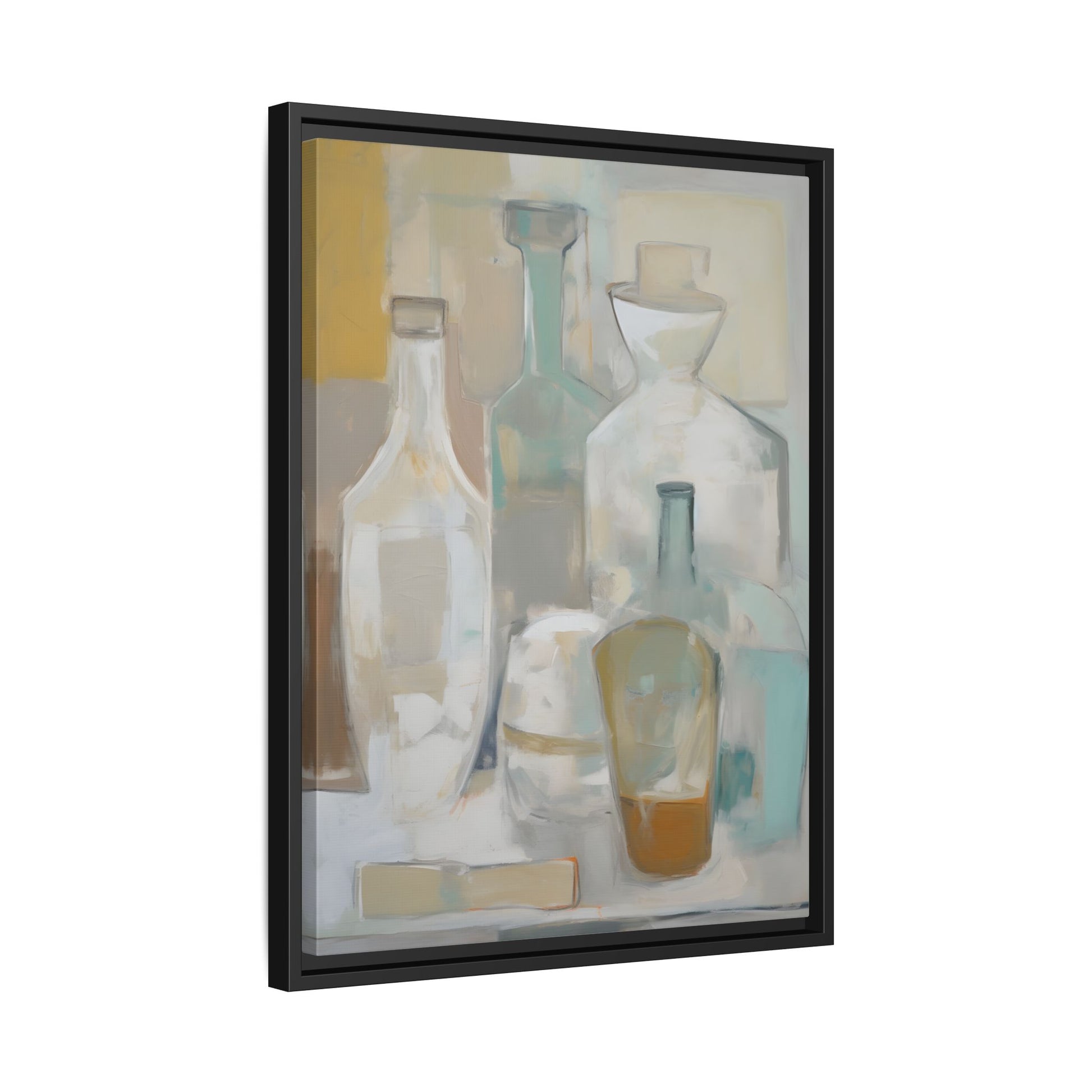 Modern Still Life Wall Art – Neutral Bottles Framed Canvas in Beige, Aqua & Amber, featuring translucent bottles on a framed canvas.