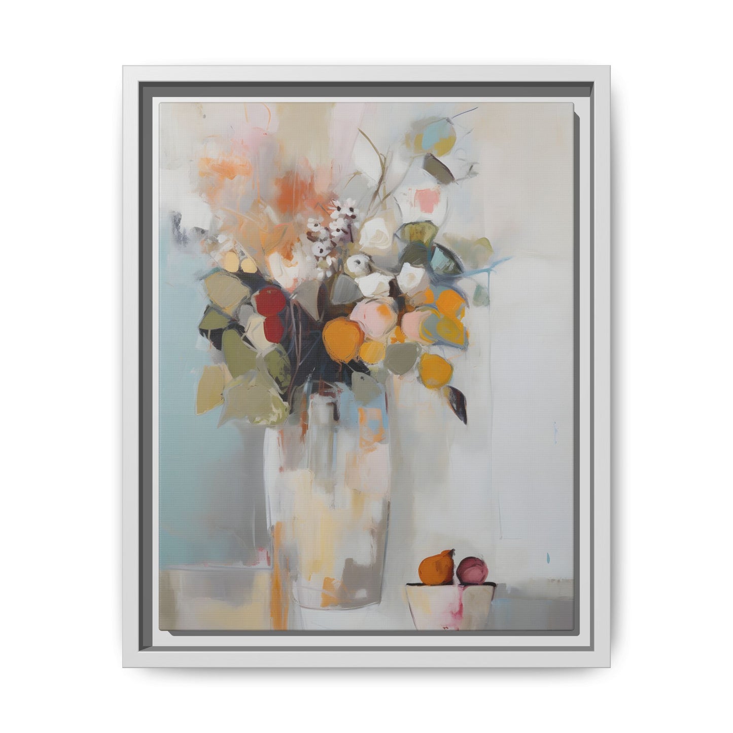 Colorful Floral Still Life Wall Art – Framed Abstract Canvas with Bright Blooms and Fruit Bowl, adding energy and charm to any space.