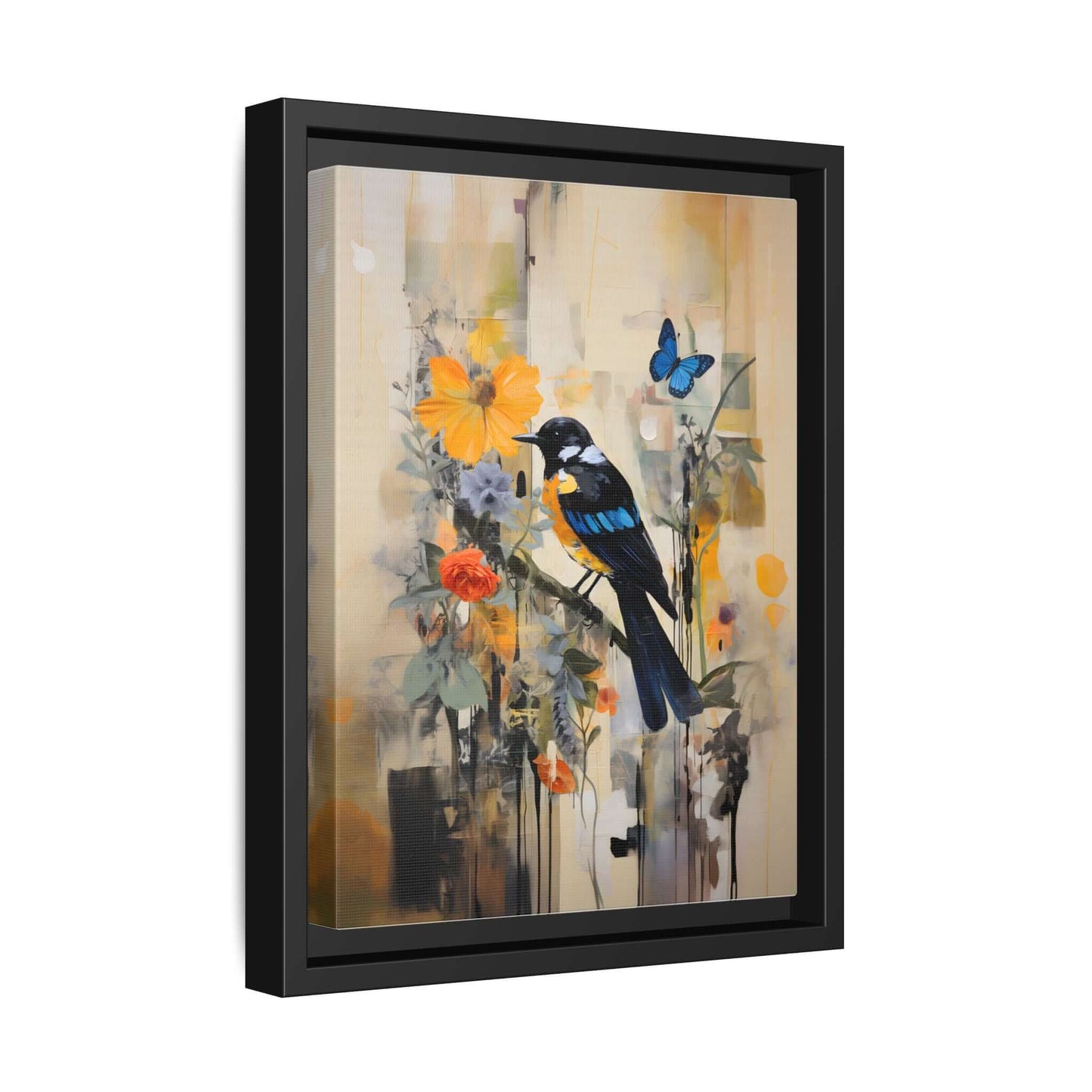 Framed colorful bird and butterfly canvas art for vibrant home decor, vertical orientation, featuring flowers and nature scene.