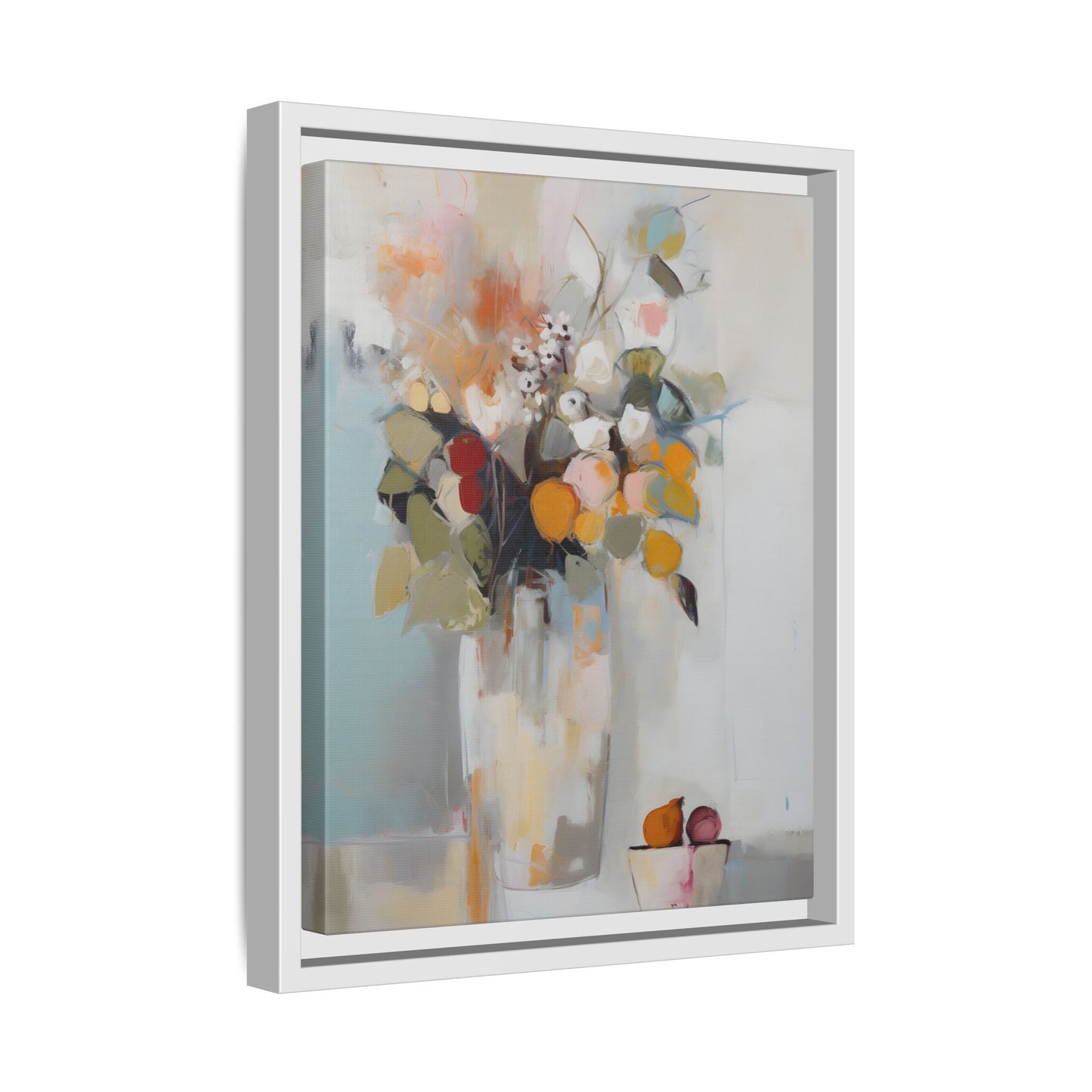 Colorful Floral Still Life Wall Art – Framed Abstract Canvas with Bright Blooms and Fruit Bowl, vibrant and artistic home decor