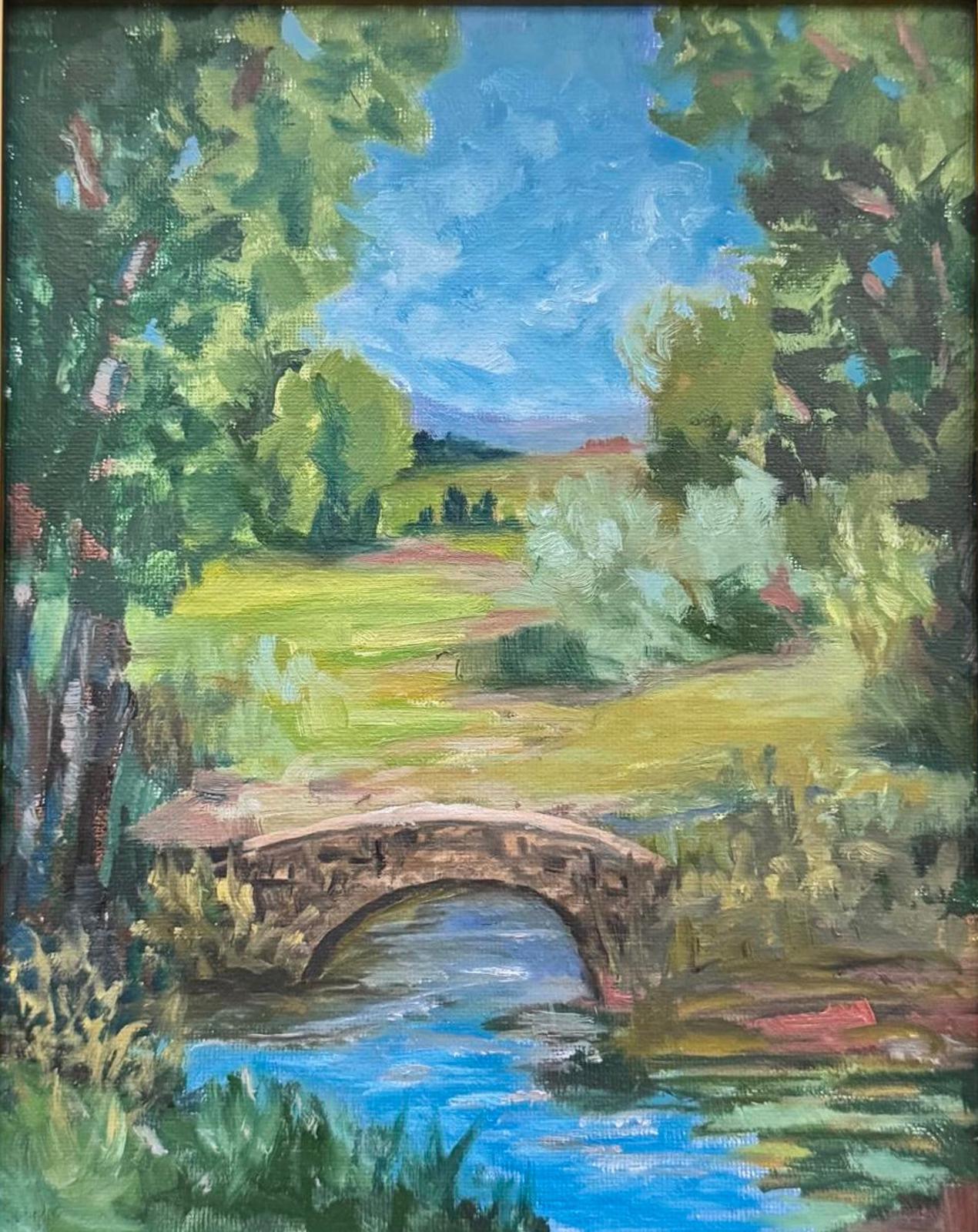 Painting of a bridge over a stream with trees on either side