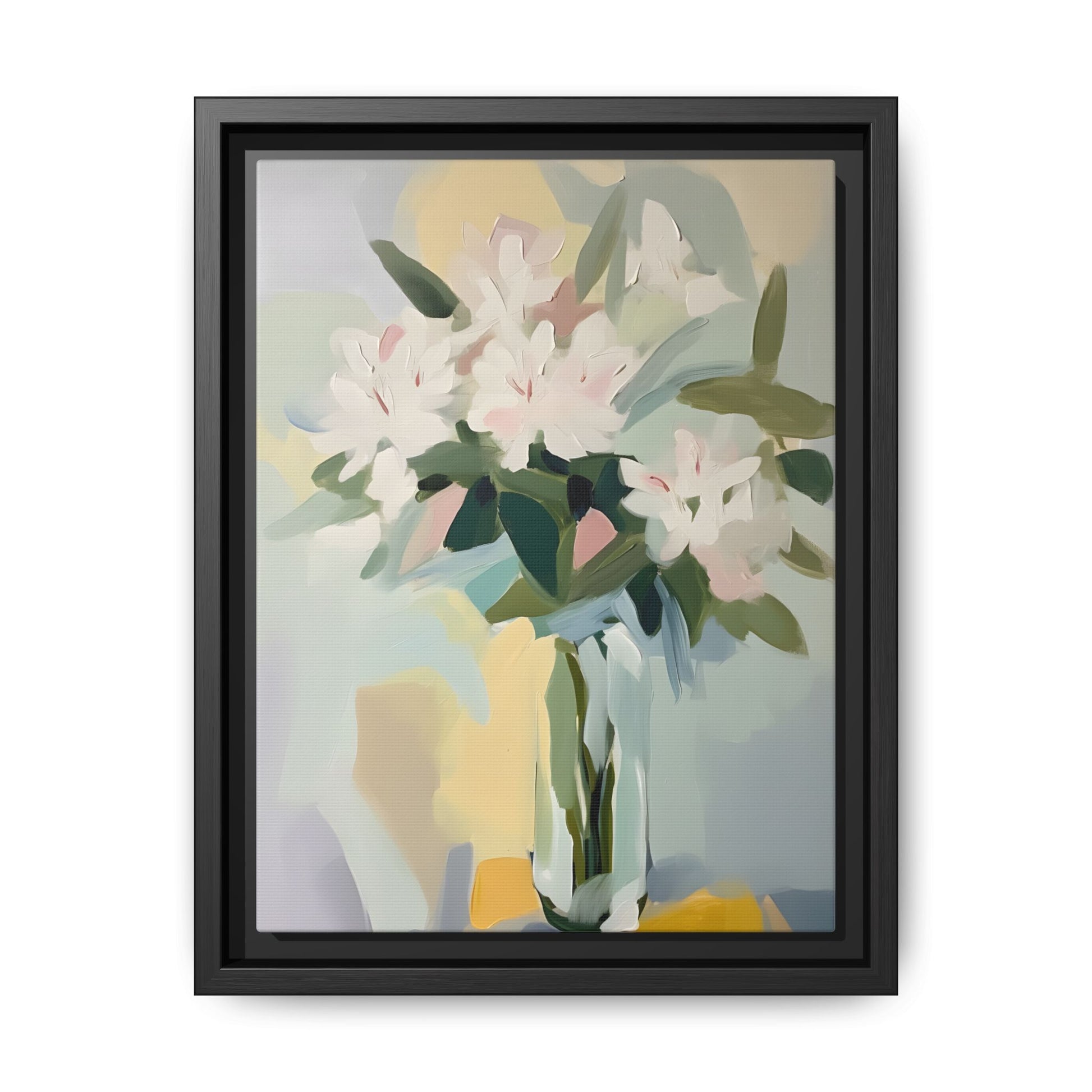 Soft Abstract Floral Wall Art – Framed Modern Canvas with White Flowers in Green Vase, featuring elegant white flowers and warm hues.