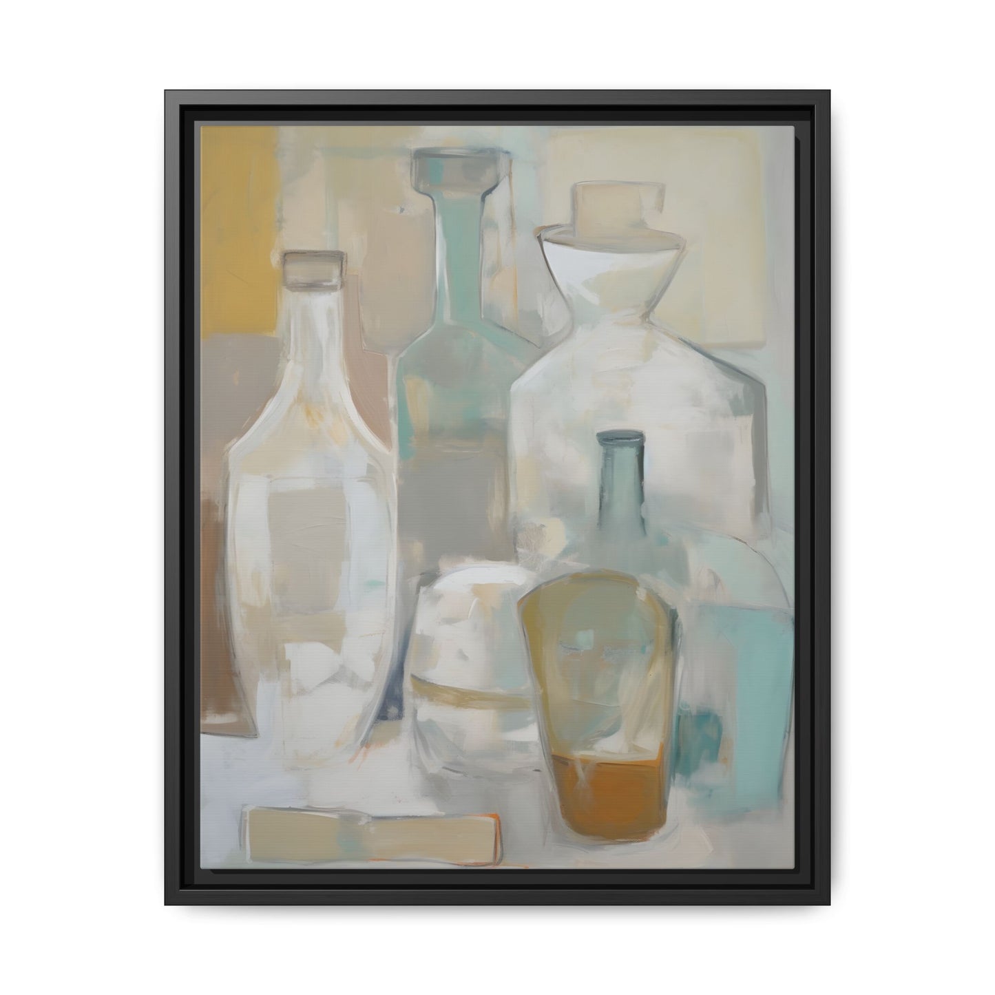 Modern Still Life Wall Art – Neutral Bottles Framed Canvas in Beige, Aqua & Amber with translucent bottle design in calming hues.