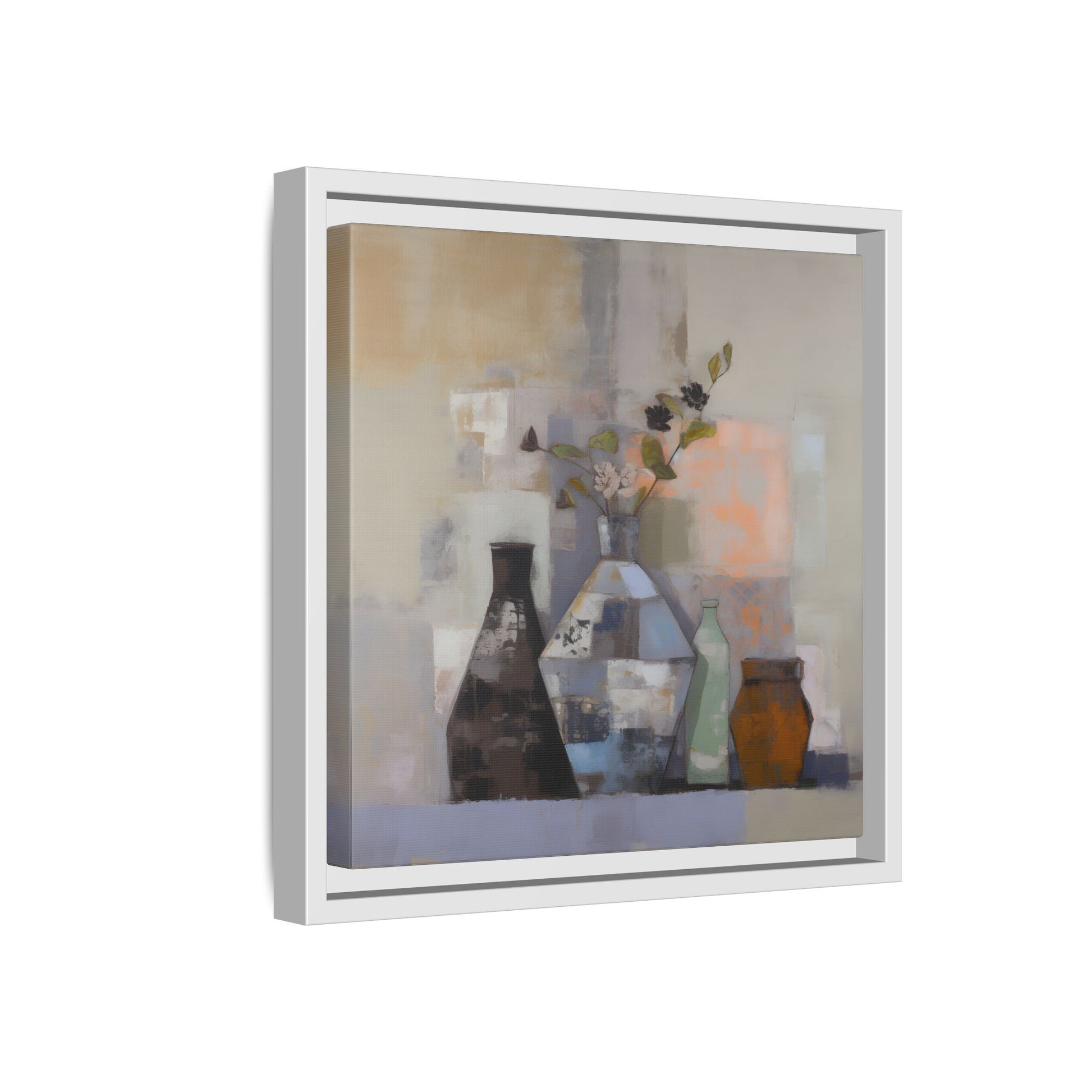 Earthy Bottle Still Life Wall Art – Framed Abstract Canvas with Geometric Vases in Neutral Tones, featuring brown and sage colors