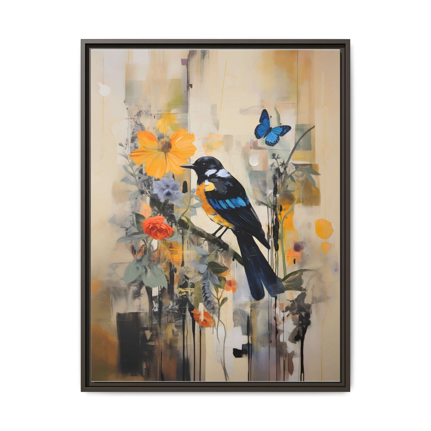 Colorful framed canvas art featuring a bird and butterfly with vibrant flowers, perfect for home decor.