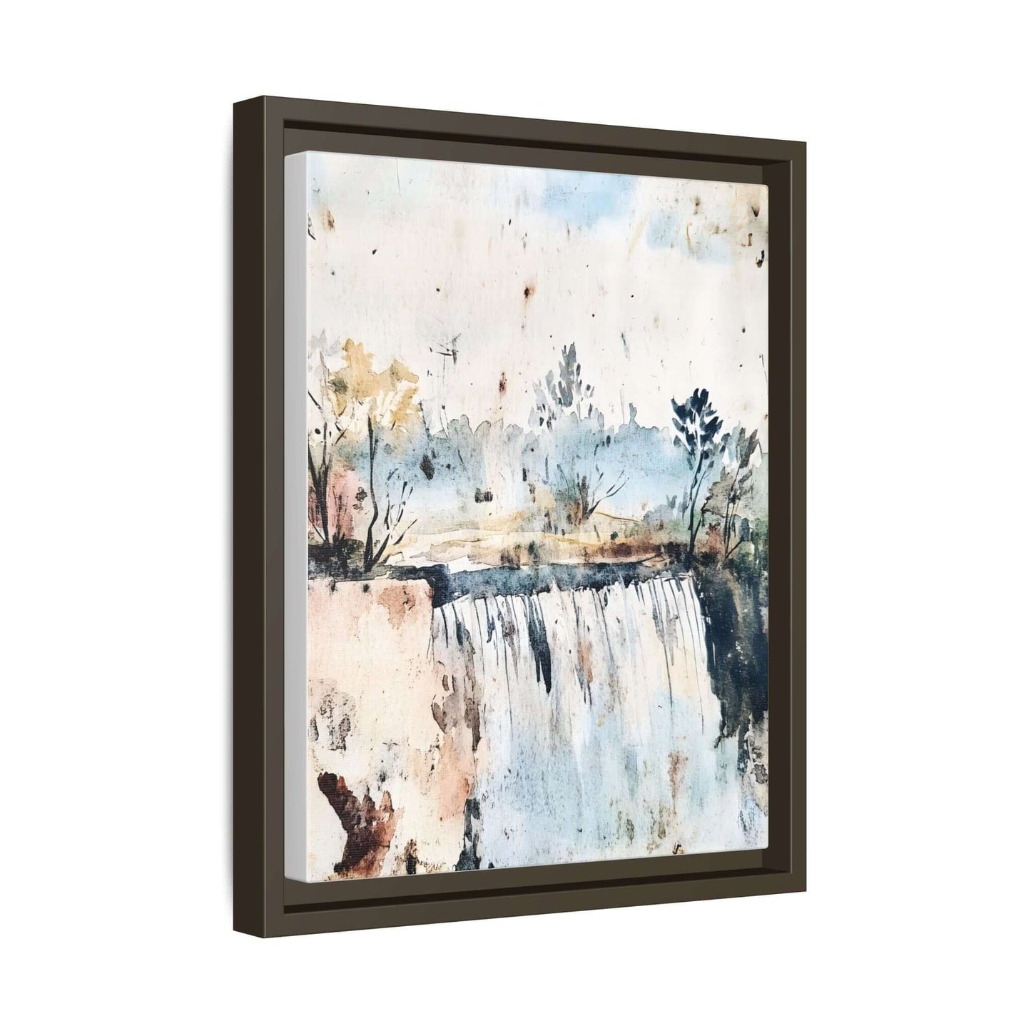 Framed watercolor wall art depicting a serene landscape with trees and waterfall, perfect decor for a calming home atmosphere.