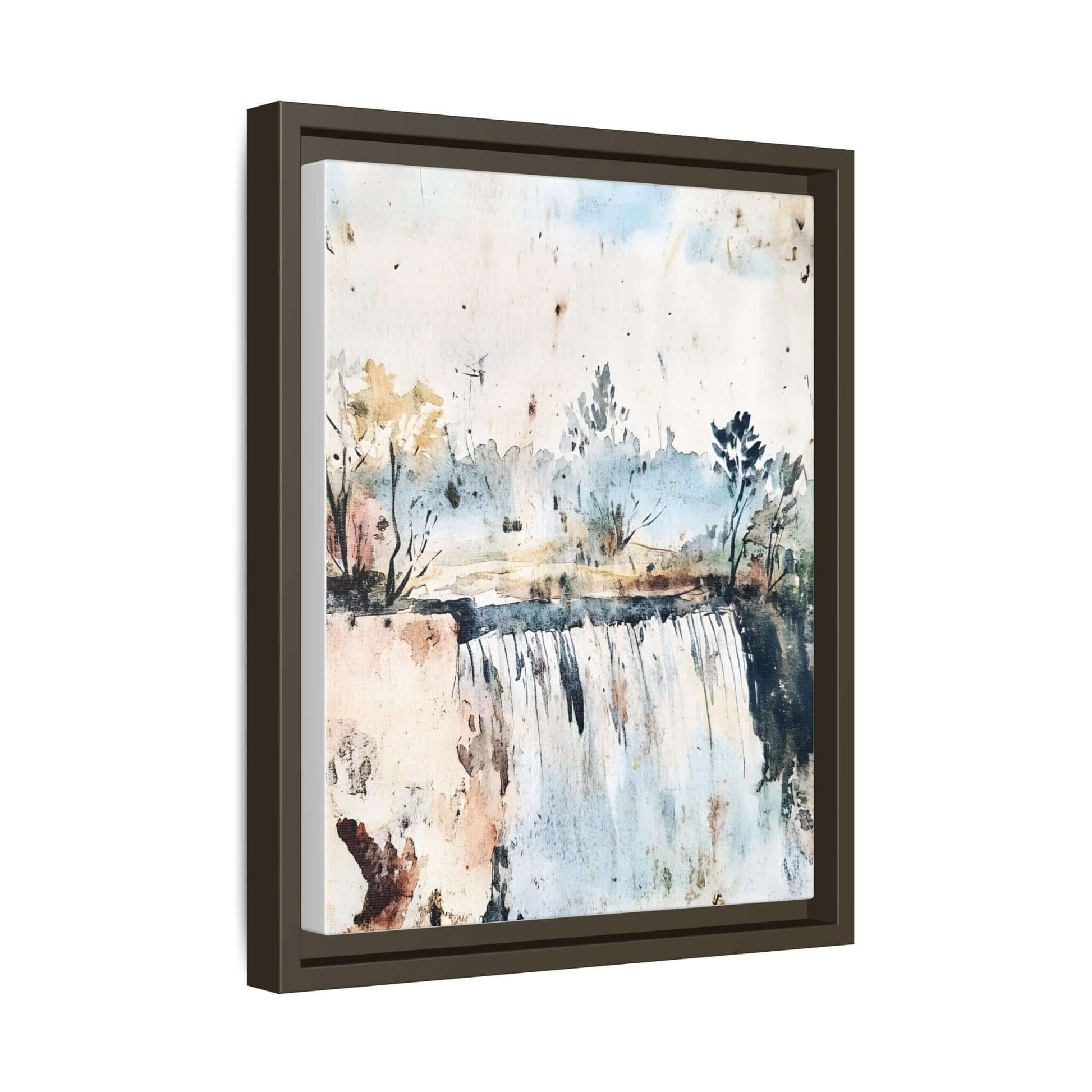 Framed watercolor wall art depicting a serene landscape with trees and waterfall, perfect decor for a calming home atmosphere.