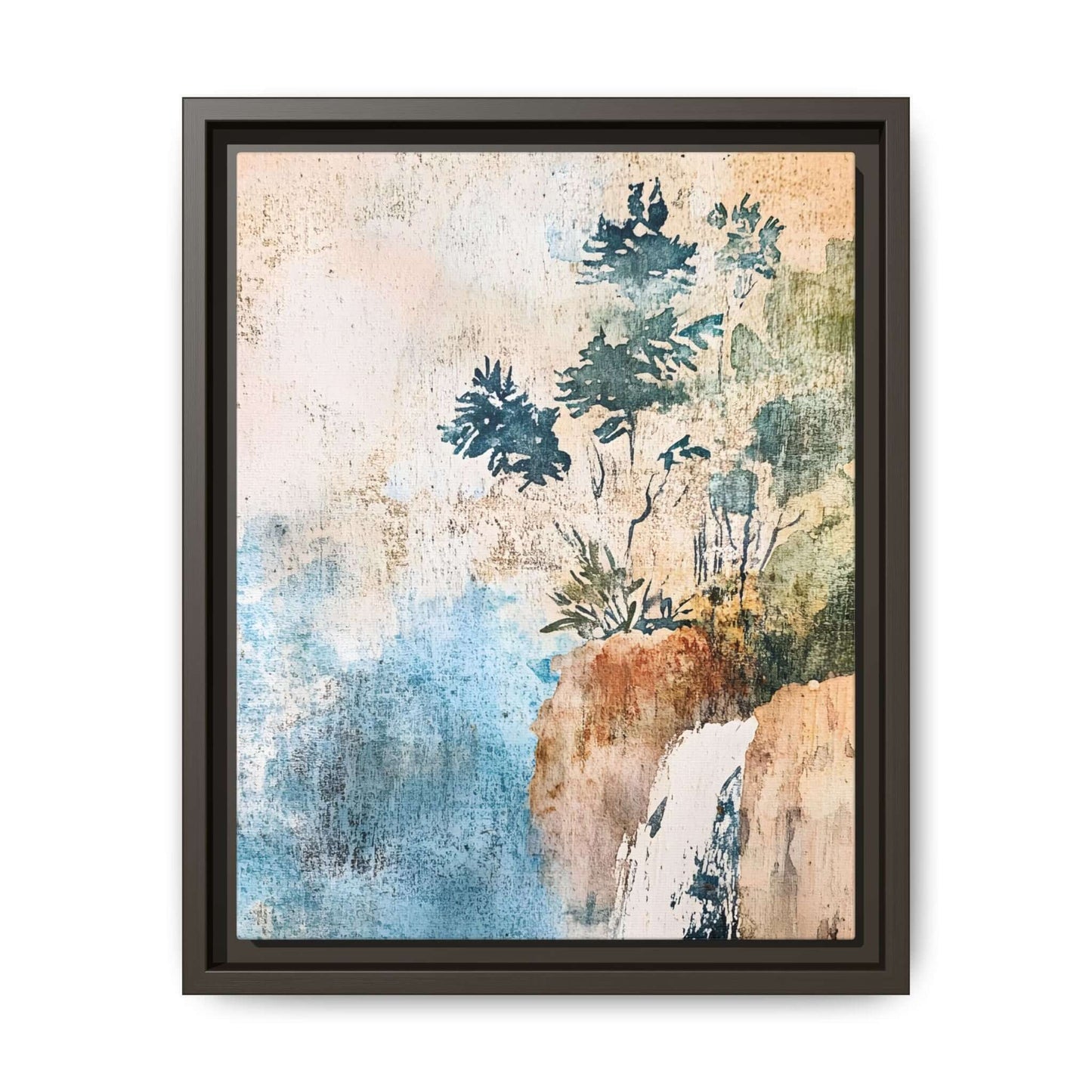 Framed watercolor canvas print of a misty forest landscape, adding elegance and serenity to any room's decor.