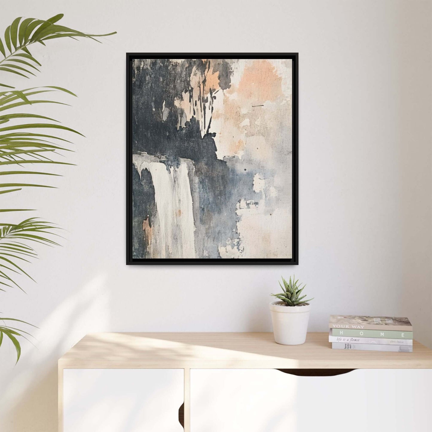 Framed abstract waterfall art print on wall, matte canvas, modern home decor, 9x12 inches, neutral tones, elegant interior design
