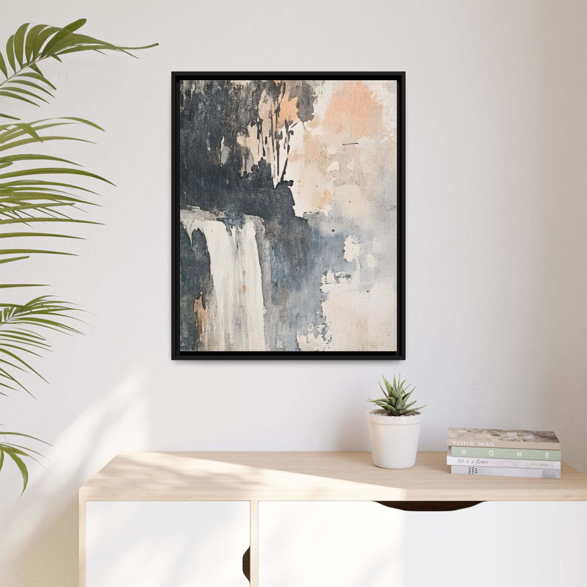 Framed abstract waterfall art print on wall, matte canvas, modern home decor, 9x12 inches, neutral tones, elegant interior design