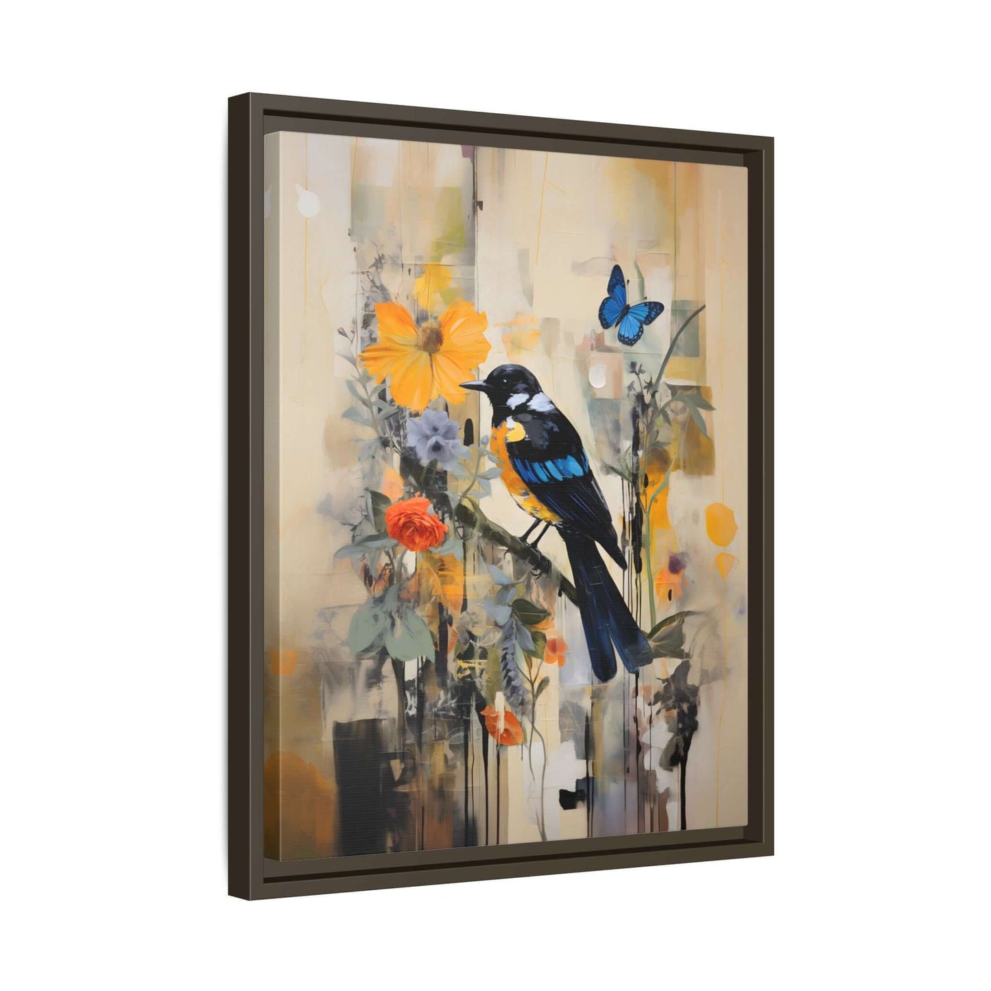 Framed colorful bird and butterfly painting on canvas, vibrant home decor art for walls, dimensions available in various sizes.